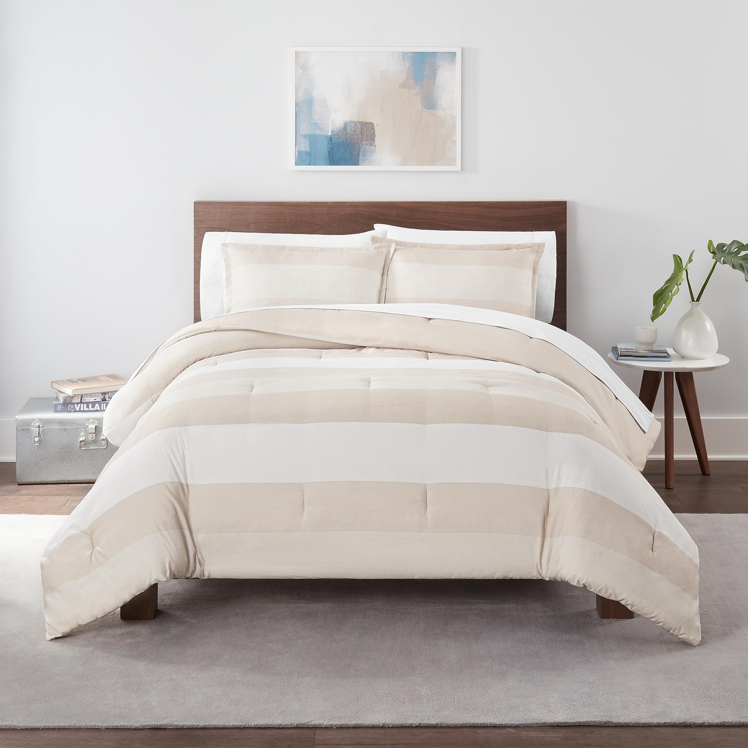 Serta Simply Clean Billy Soft Modern 2-Piece Jersey Striped Comforter Set with Pillowcase - All-Season Comfort for Twin/Twin XL Beds - Natural Color - Perfect for Dorms, Guest Rooms & Cozy Bedrooms