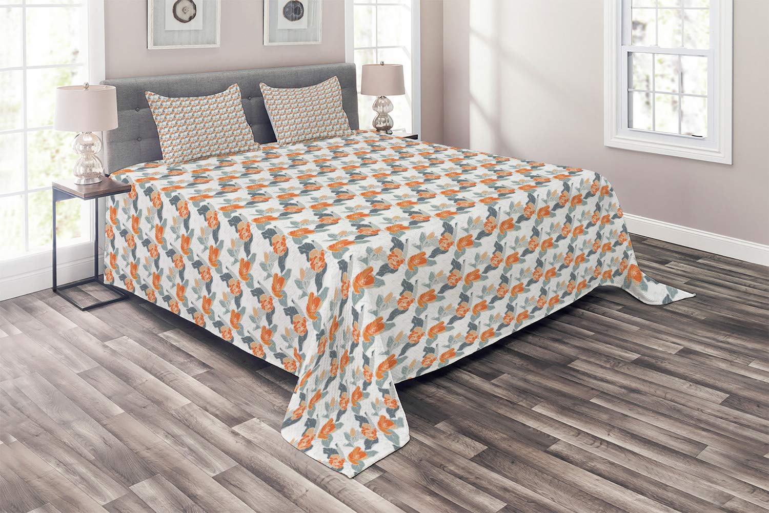 Ambesonne Floral Quilt Set King Size - 3 Piece Victorian Apple Blossom Bedspread with 2 Pillow Shams in Orange, Purple, Blue, Pale Grey & White | Elegant Bedroom Decor for Spring & Summer