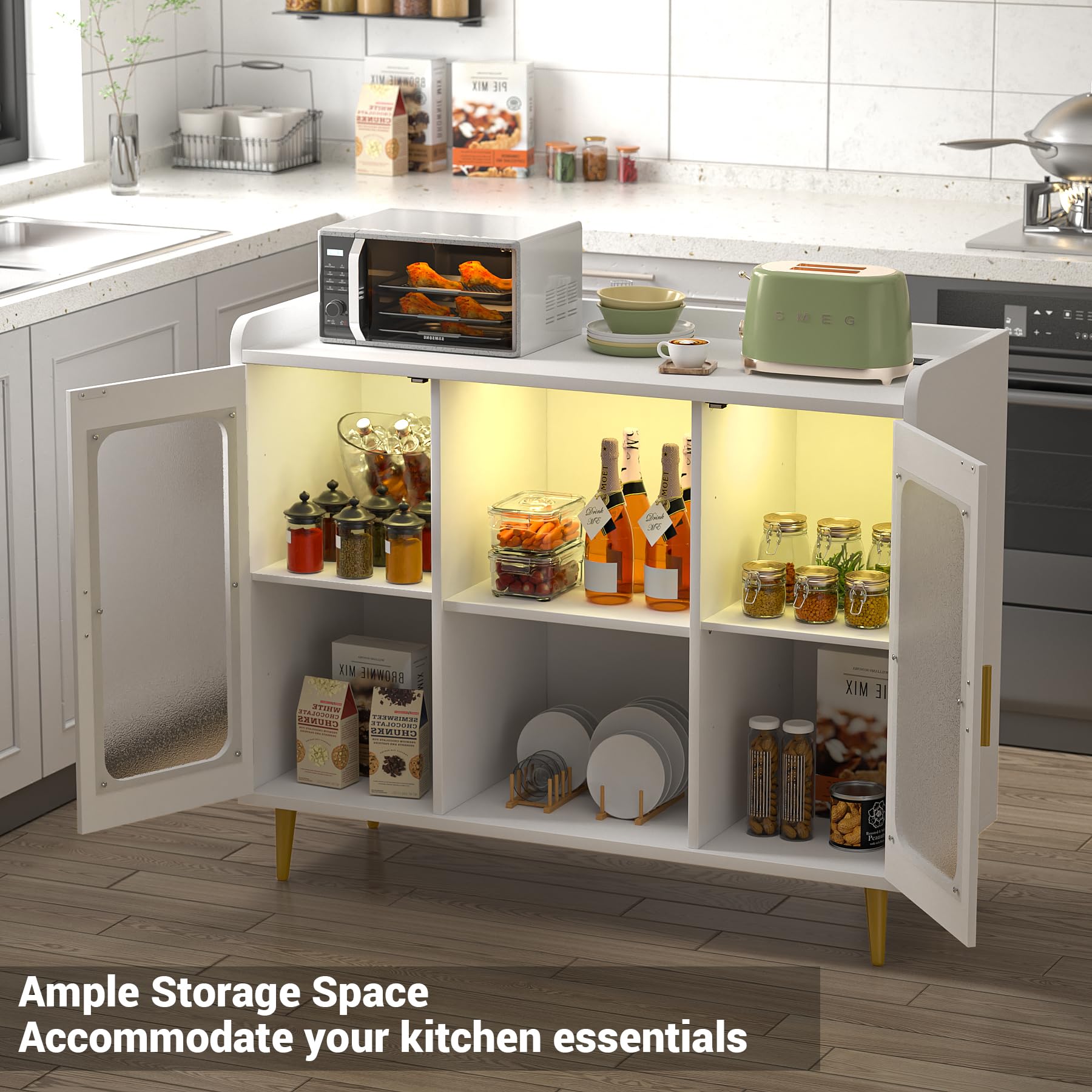 White Wine Bar Cabinet with Power Outlet & LED Lights - Modern Liquor Storage with Glass Holder & Storage Shelves - Perfect for Home Coffee Bar, Kitchen Buffet or Dining Room Sideboard - Ideal for Entertaining, Wine Tasting & Small Space Storage Solutions