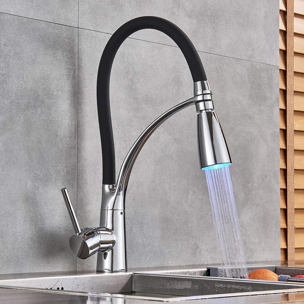 Stainless Steel Chrome LED Kitchen Sink Faucet - Pull Down Swivel Sprayer with Hot/Cold Water Mixer - Perfect for Modern Kitchens & Bathrooms (Deck Mount Installation)