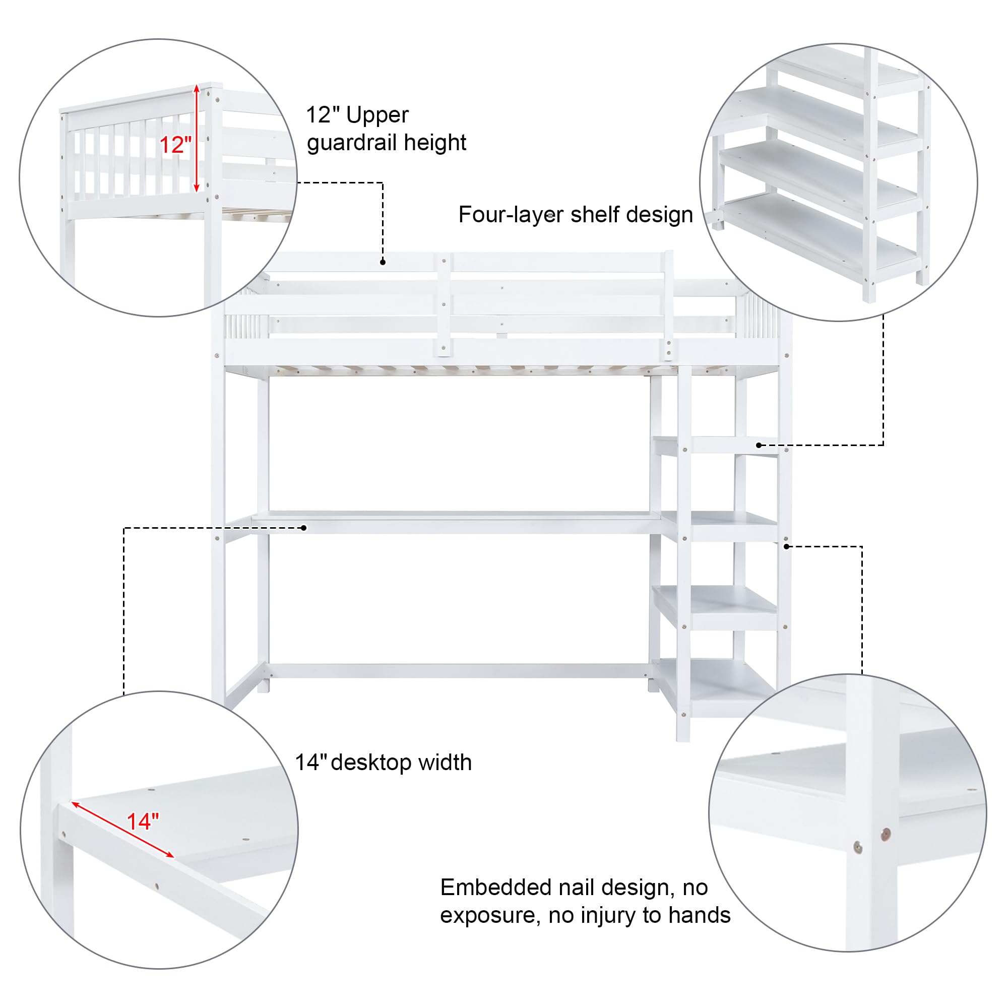 Merax Twin Size Wood Loft Bed with Built-in Desk & 4 Storage Shelves - Solid White Wooden Study Bed for Small Spaces, Dorm Rooms & Kids Bedrooms