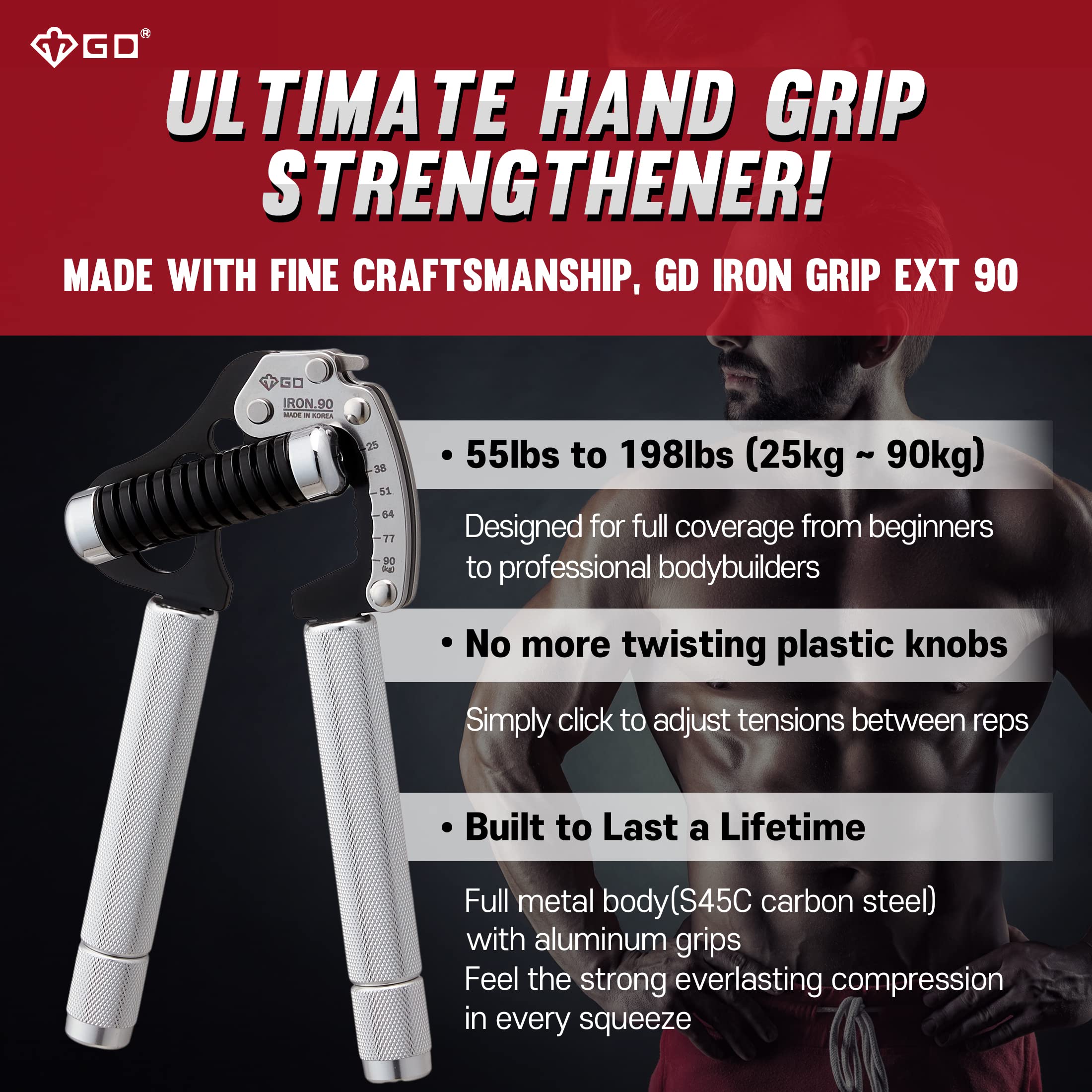 GD IRON GRIP Adjustable Hand Gripper - Silent & Durable Grip Strength Trainer for Forearm, Finger & Hand Strength - Ideal for Athletes, Climbers, Rehabilitation & Home Office Fitness