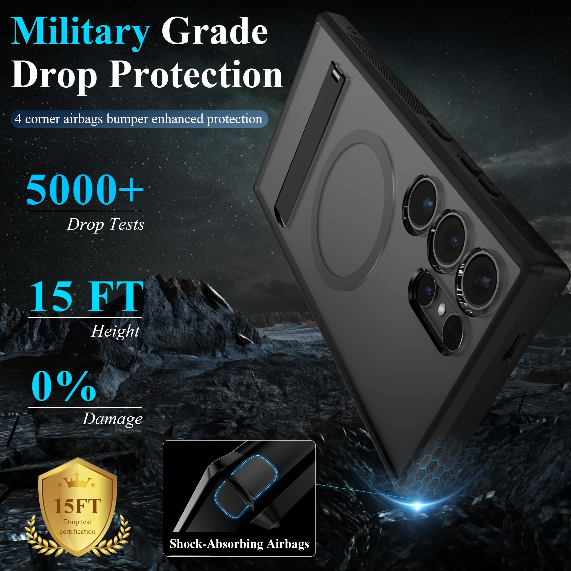 Samsung Galaxy S24 Ultra Case with MagSafe - Military Grade Shockproof Magnetic Phone Cover with Invisible Kickstand, Anti-Slip Protection (Frost Black) | Perfect for Work, Travel & Outdoor Activities