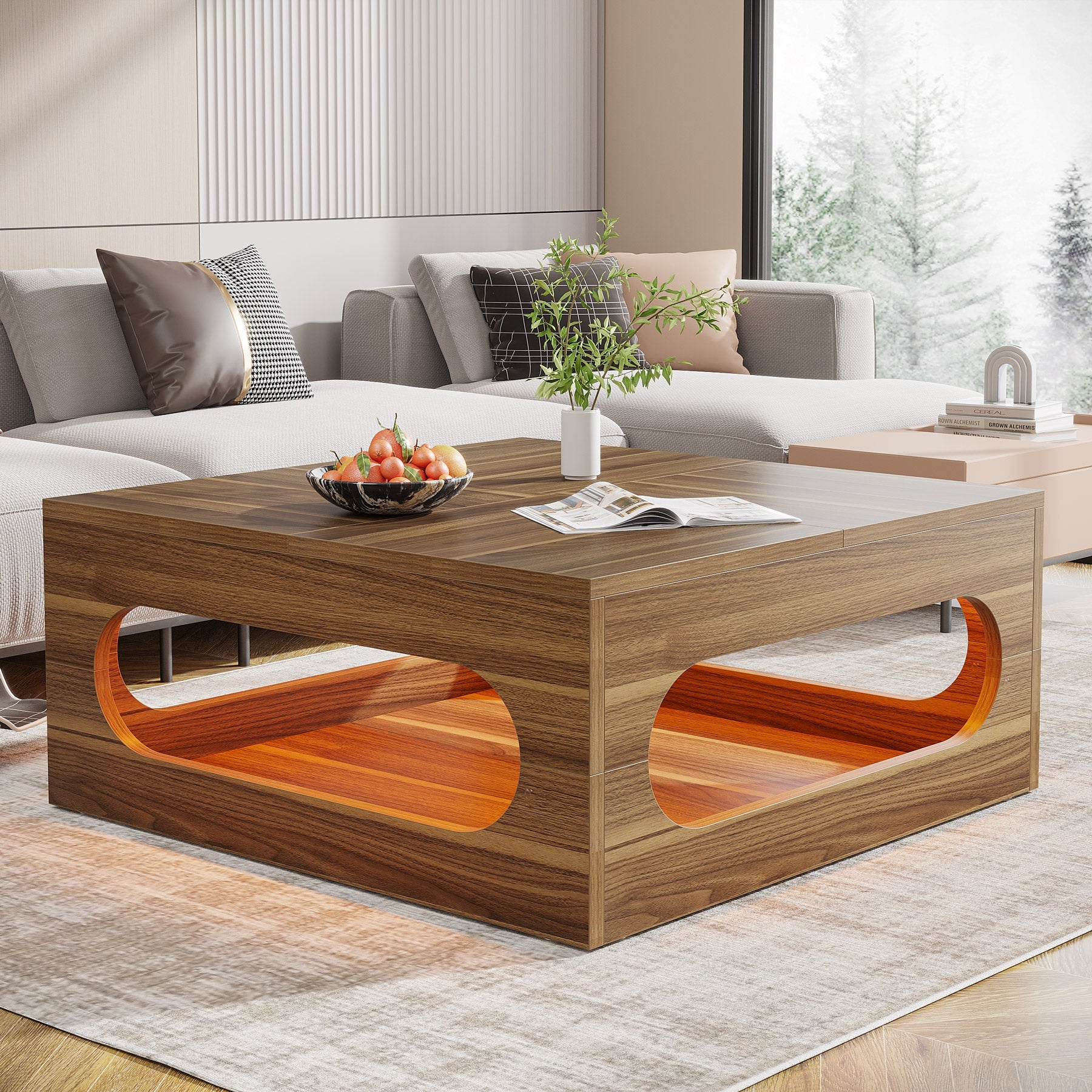 2-Tier Wooden Coffee Table with LED Strip Lights - Modern Square Center Tea Table for Living Room, Bedroom & Office Decor