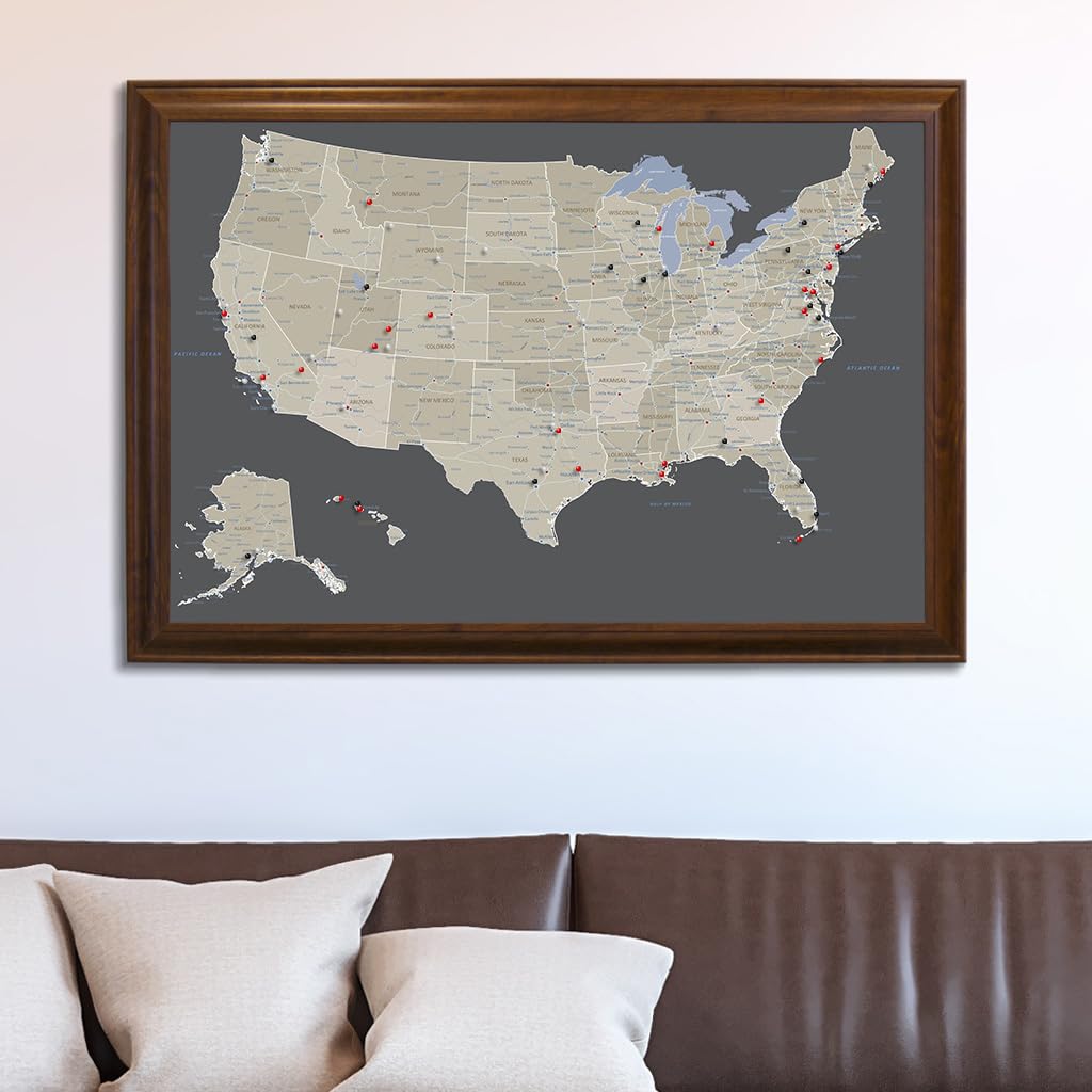 Custom Push Pin Travel Map - USA Wall Art with 150 Pins, Earth Tones & Brown Wood Frame - Handmade in USA (27.5