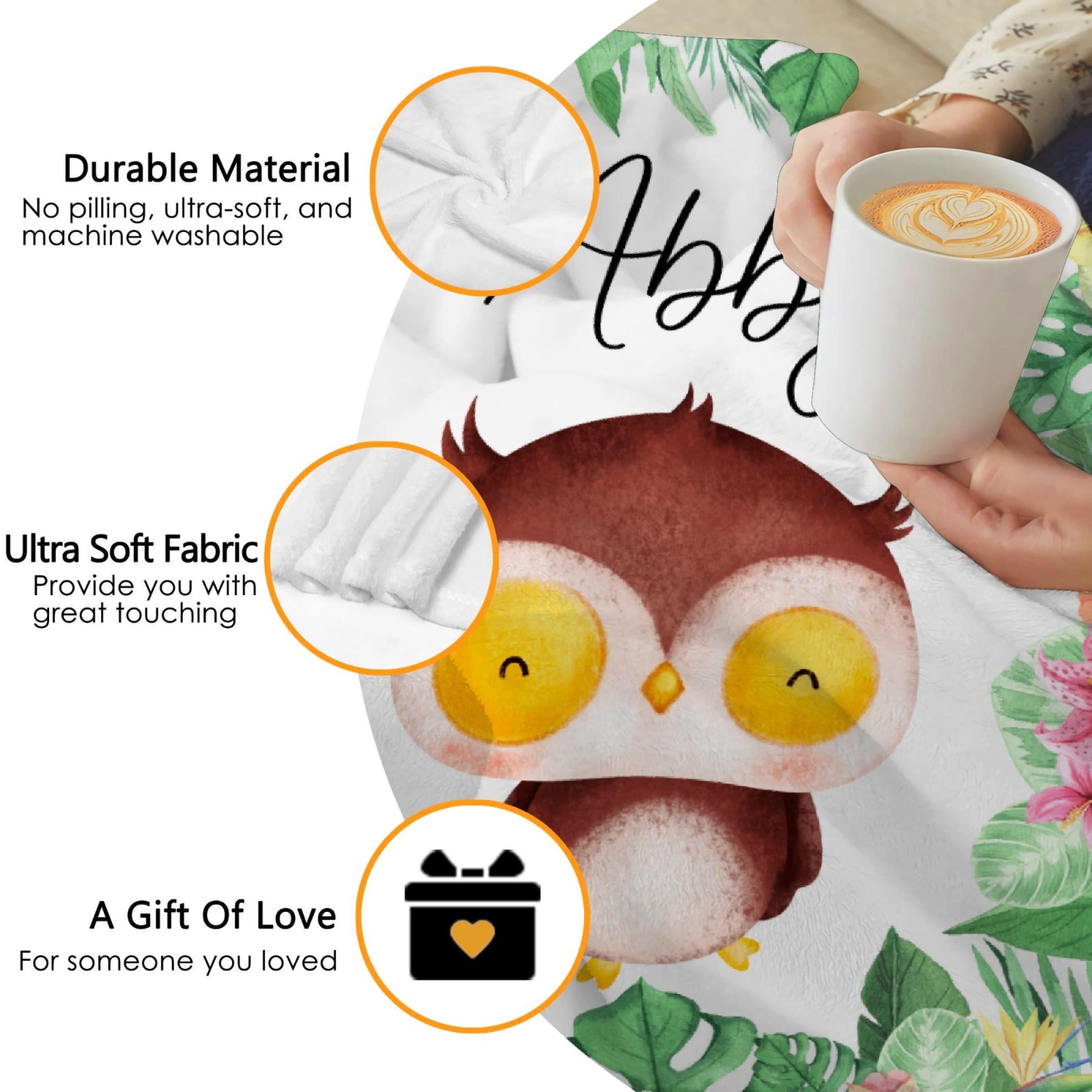 Custom Personalized Throw Blanket with Name & Text - Tropical Floral Owl Design 60