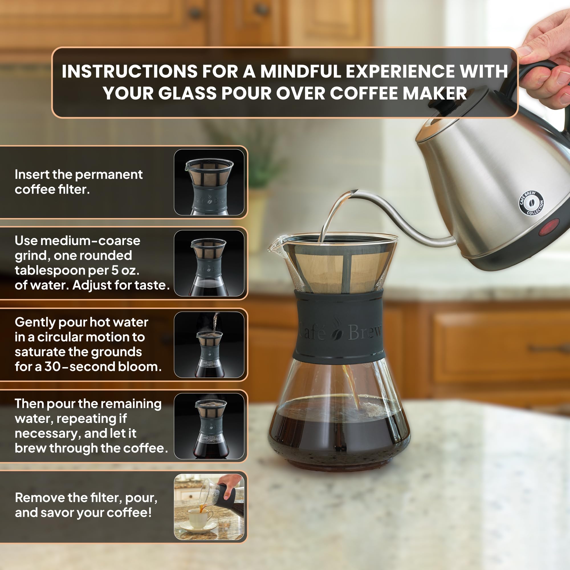 Premium Pour Over Coffee Maker Set - 40oz Borosilicate Glass Carafe with Wood Drip Stand - BPA Free & Dishwasher Safe - Perfect for Home, Office & Camping Coffee Brewing