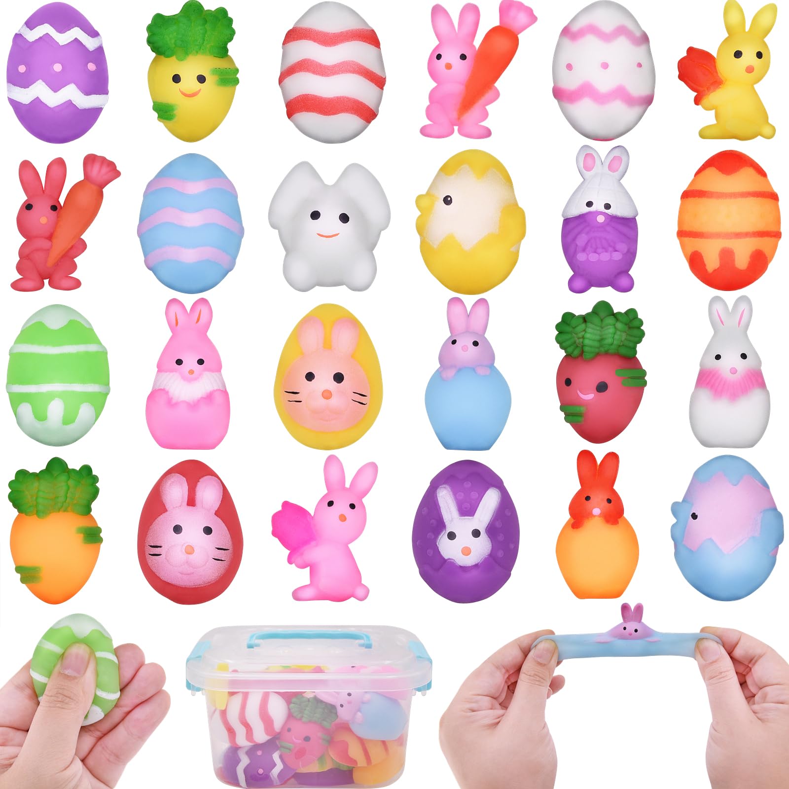 24 PCS Easter Mochi Squishy Toys - Soft Stress Relief Squishies for Kids, Boys & Girls - Easter Basket Stuffers, Party Favors, Classroom Prizes & Sensory Play Gifts (Cute Bunny & Egg Designs)