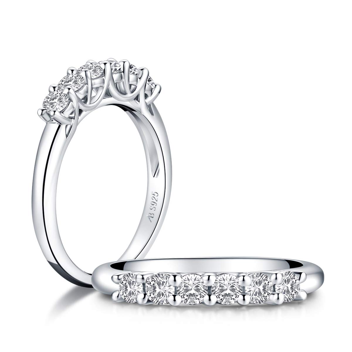 AINUOSHI Eternity Wedding Band - Platinum Plated Sterling Silver Ring with Round/Princess Cut Cubic Zirconia | Stackable Engagement Ring for Women | Perfect for Anniversaries, Proposals & Special Occasions | Includes Jewelry Gift Box