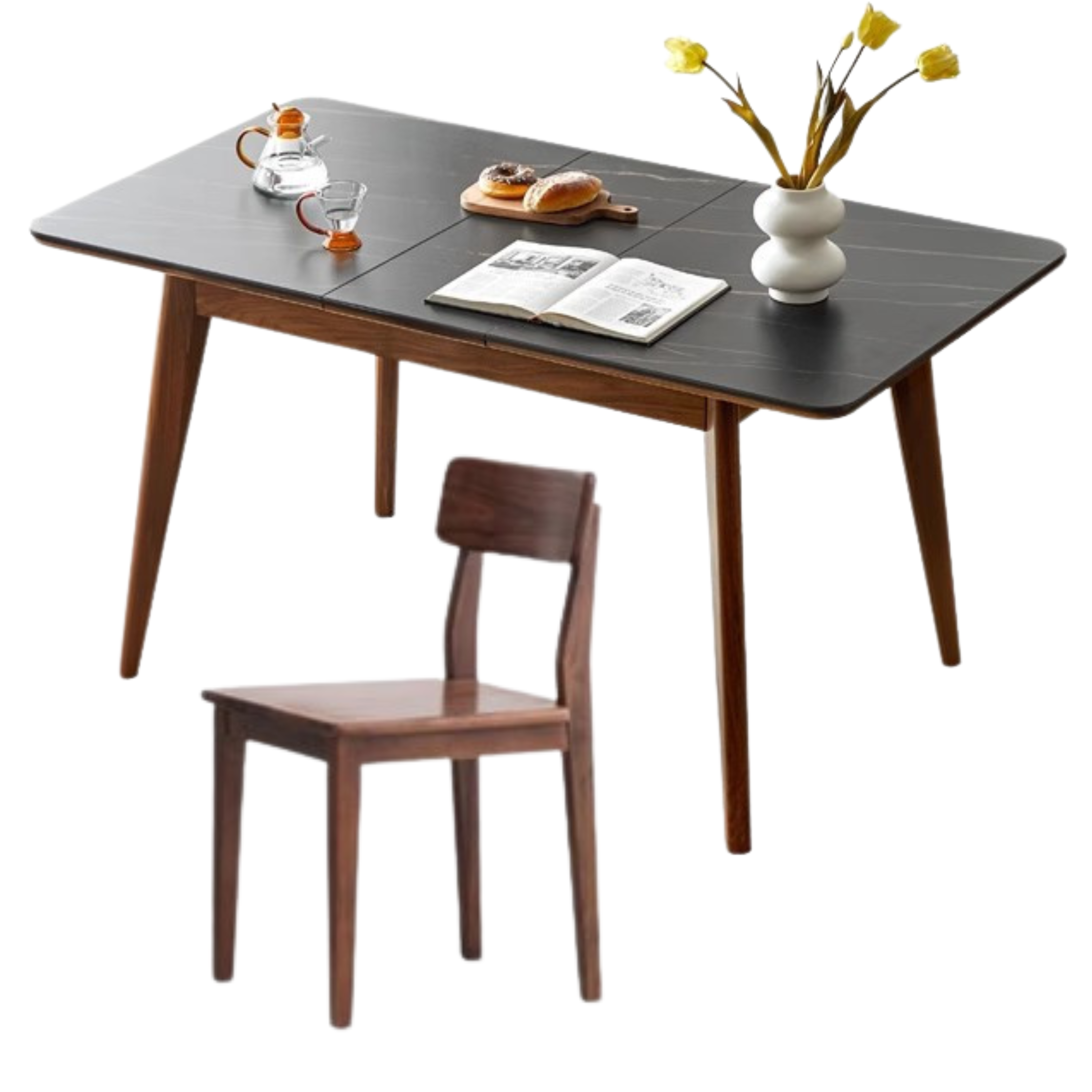 55.1-66.9x31.4x29.9 inch / 140-170x80x76.3cm / Rich Dark Walnut color / Black Walnut rock board retractable dining table + 6 chairs