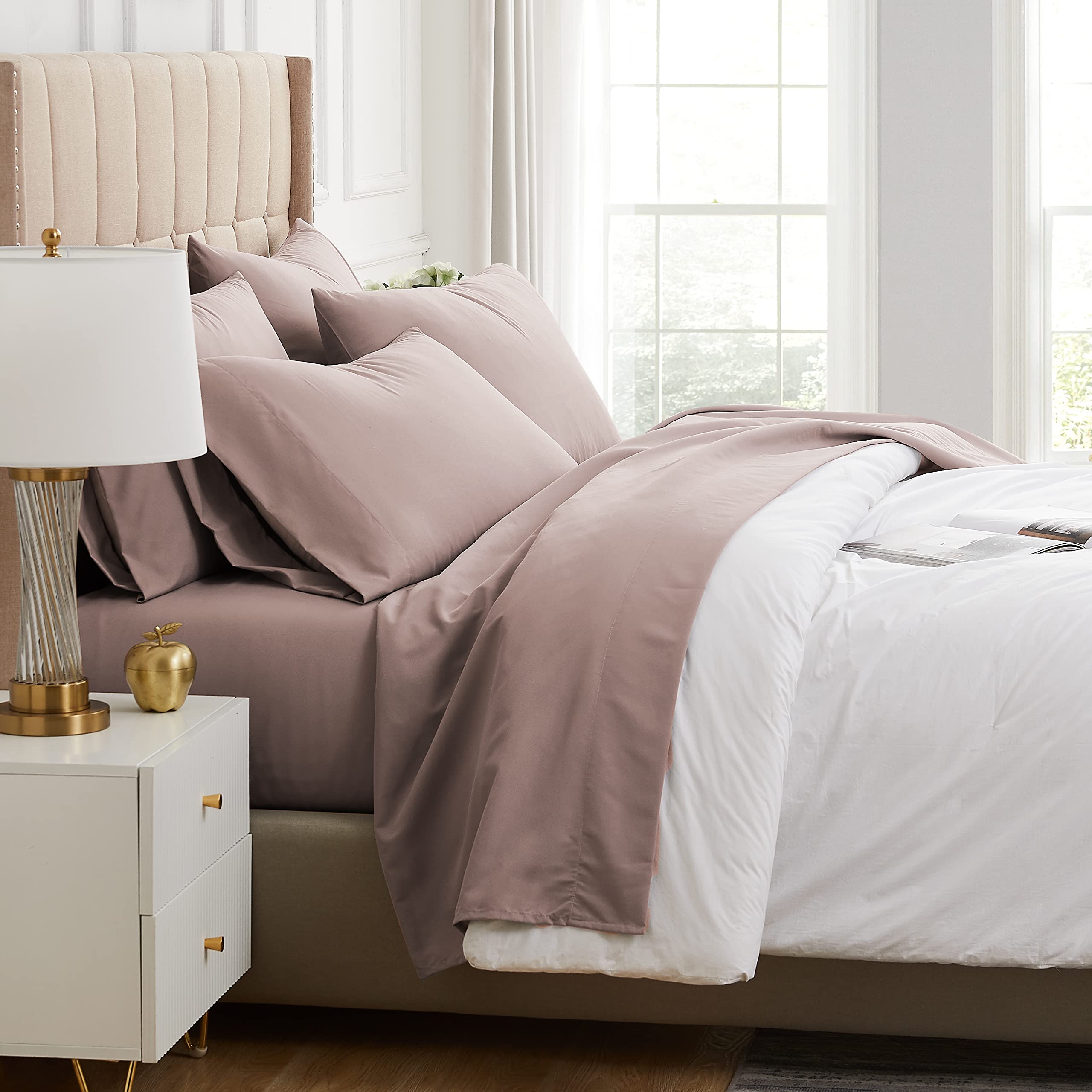 Southshore Fine Living Premium 4-Piece Deep Pocket Sheet Set - Easy Care & Shrinkage Free - Includes 1 Flat Sheet, 1 Fitted Sheet & 2 Pillowcases - Muted Mauve - Twin XL Size - Perfect for Guest Rooms, Dorms & Cozy Bedrooms