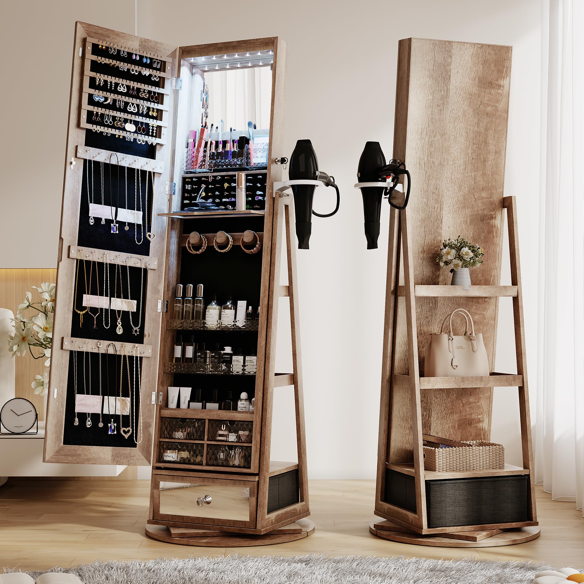 HWB Full Length Mirror with Storage - Standing Jewelry Cabinet with LED Lights, 360° Rotatable Jewelry Armoire Organizer with Foldable Makeup Shelf, Brown - Perfect for Bedroom, Dressing Room & Closet Organization