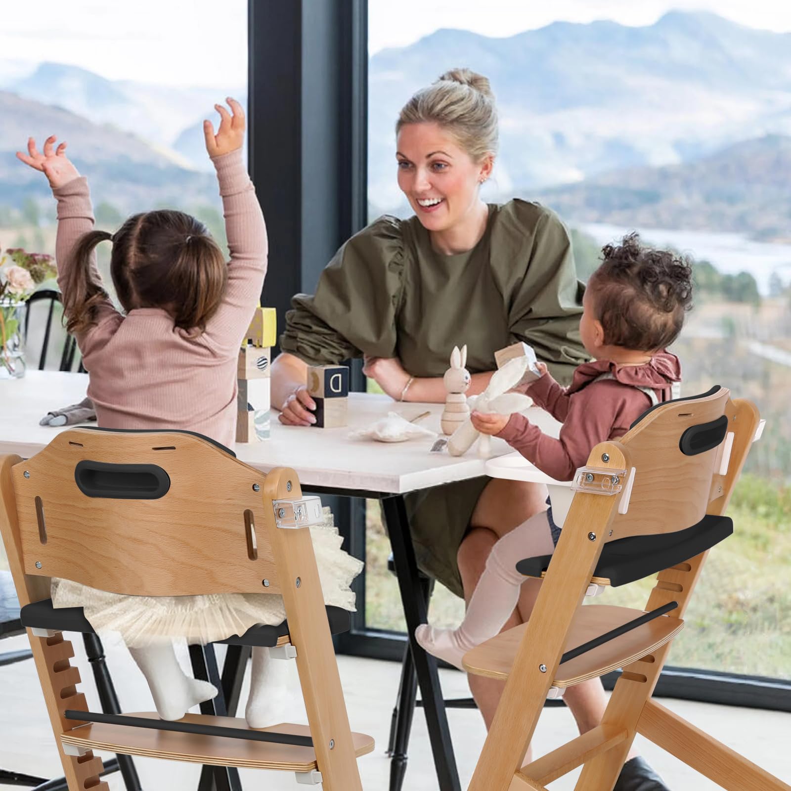 Cowiewie Natural Wooden High Chair for Babies & Toddlers - 3-Tier Removable Tray, 8 Adjustable Heights with Cushions, Easy to Clean Baby Feeding Chair (Black) | Perfect for Dining, Weaning & Playtime