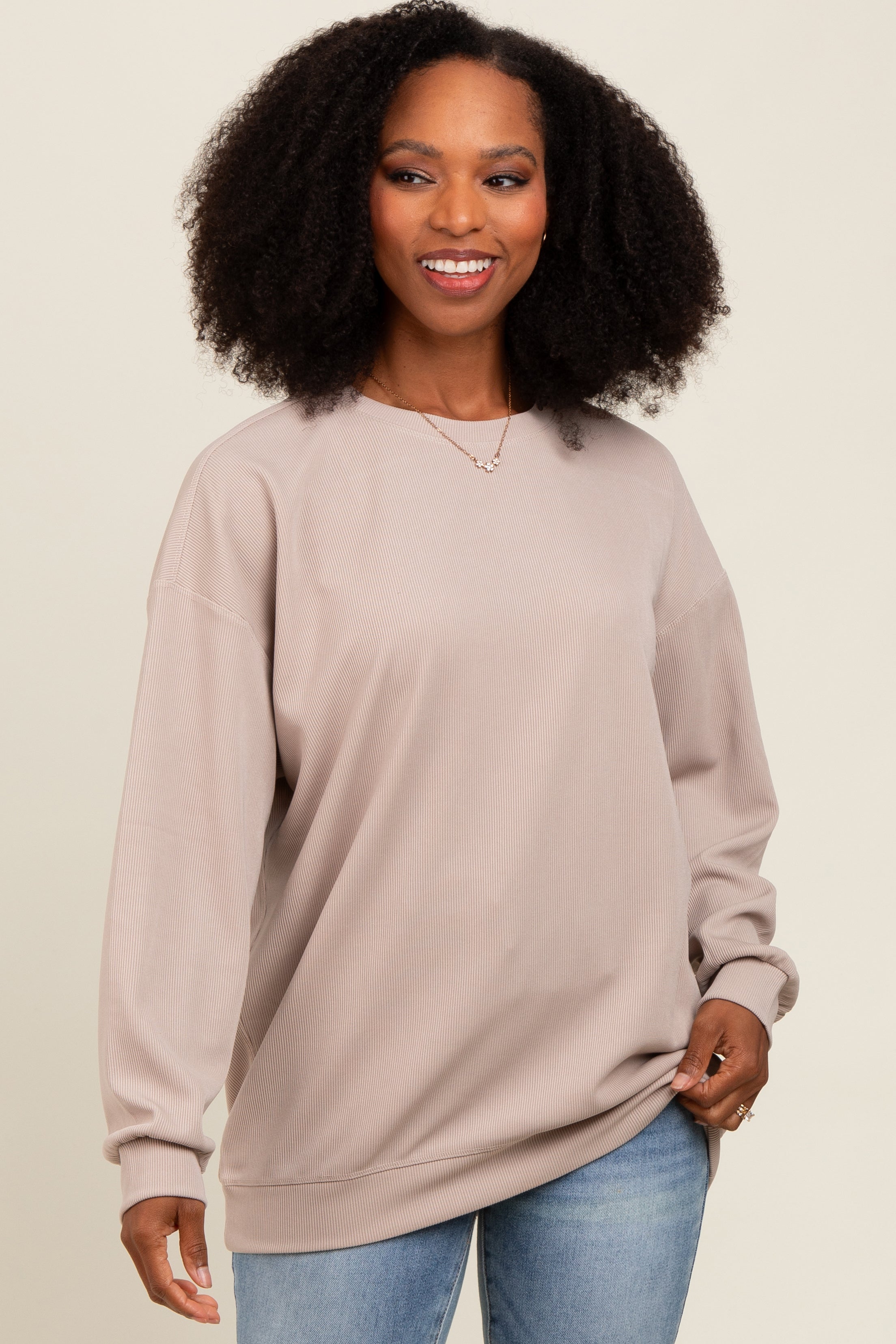 Cozy Beige Drop Shoulder Sweatshirt for Women - Soft Oversized Pullover Casual Loungewear - Perfect for Relaxing at Home, Coffee Dates & Weekend Outings