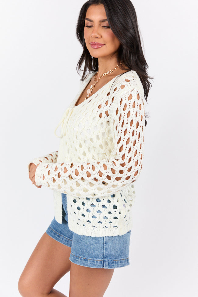 Open Thoughts Ivory Open Knit Tie Front Cardigan - Women's Lightweight Summer Cover Up for Beach, Office & Casual Outfits