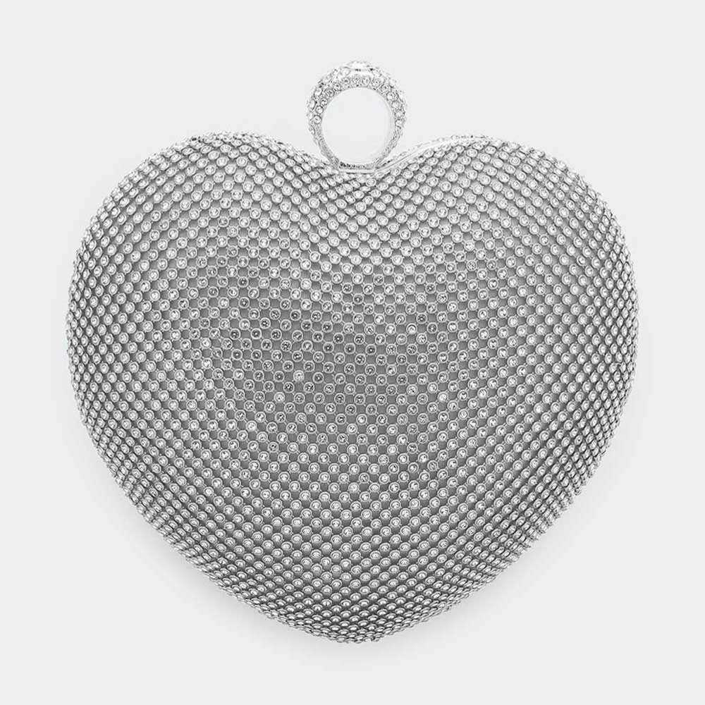 Elegant Rhodium Crossbody Bag with Rhinestone Embellished Heart - Stylish Evening Clutch Purse for Women | Perfect for Parties, Weddings & Date Nights