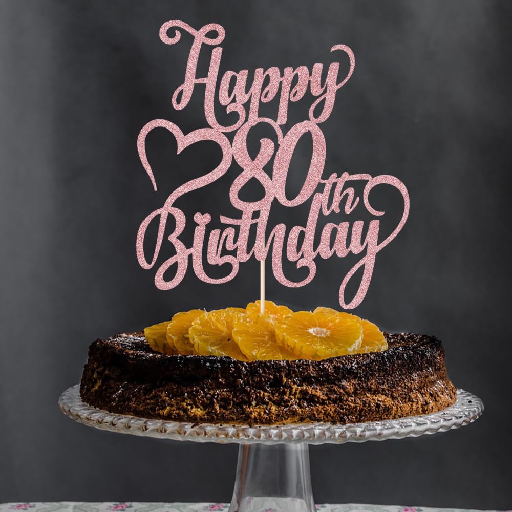 Rose Gold Glitter Happy 80th Birthday Cake Topper - Elegant 80th Anniversary/Birthday Party Decoration - Hello 80, Cheers to 80 Years, 80 & Fabulous - Perfect for Milestone Celebrations & Retirement Parties