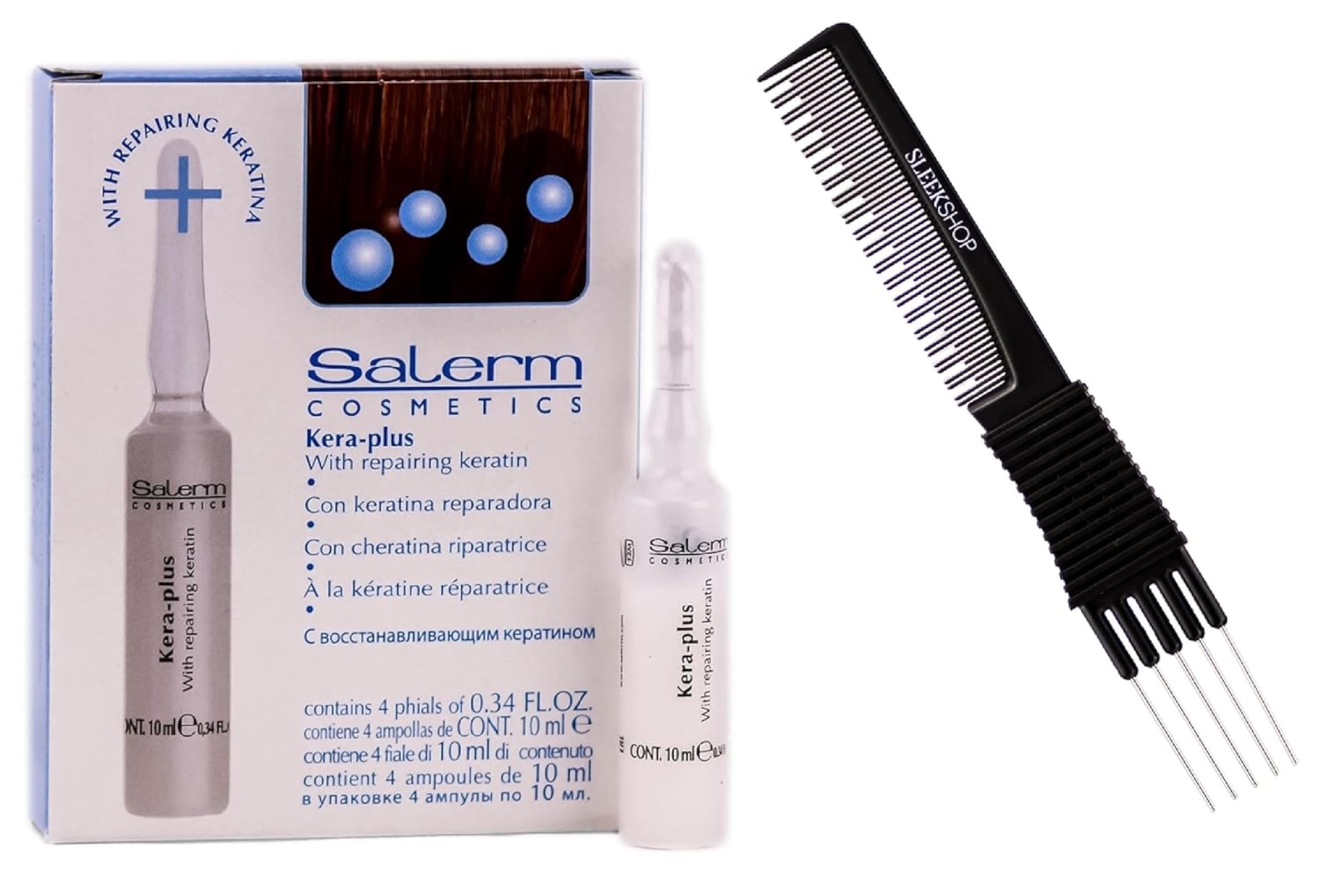 Salerm Cosmetics KERA-PLUS Keratin Hair Treatment - Repairing & Straightening Formula with Heat Protection - Includes Sleek Teasing Comb & 4 Phials (0.34 oz Each) - Professional Salon-Quality Hair Care for Damaged, Frizzy & Unmanageable Hair - Perfect for Daily Styling & Heat Tool Use
