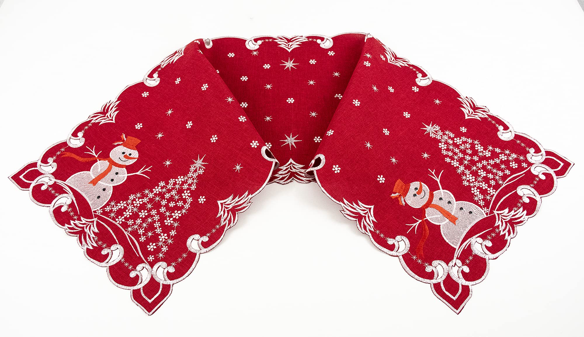 Elegant Silver Star Topped Trees & Snowman Red Table Runner - 15x51 Inch Holiday Decor for Dining Table, Coffee Table, Dresser, or Buffet - Perfect for Christmas, Winter Decorations & Festive Home Styling