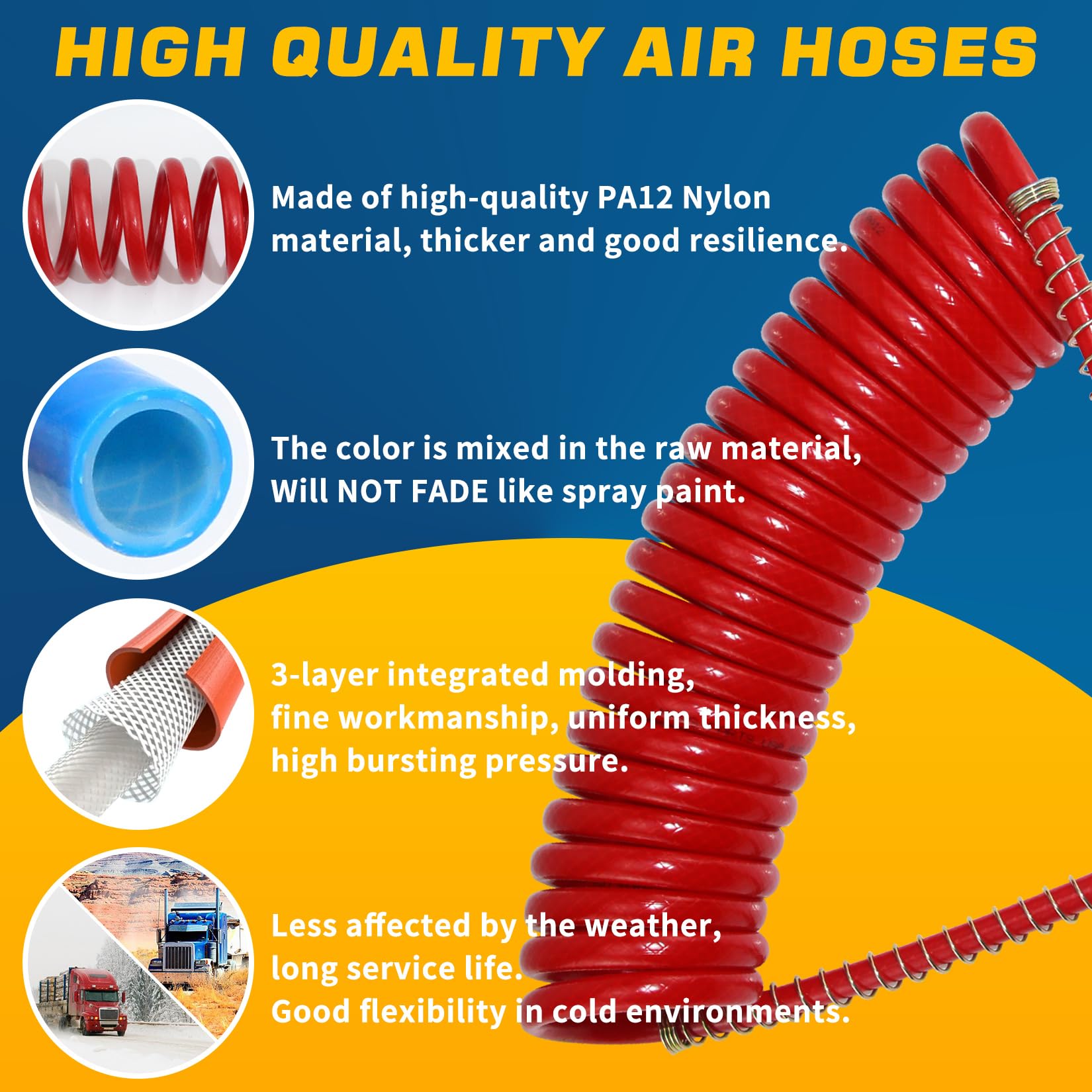 15Ft Coiled Air Brake Hose Assembly for Semi Truck - Red & Blue Coiled Air Brake Lines with 40