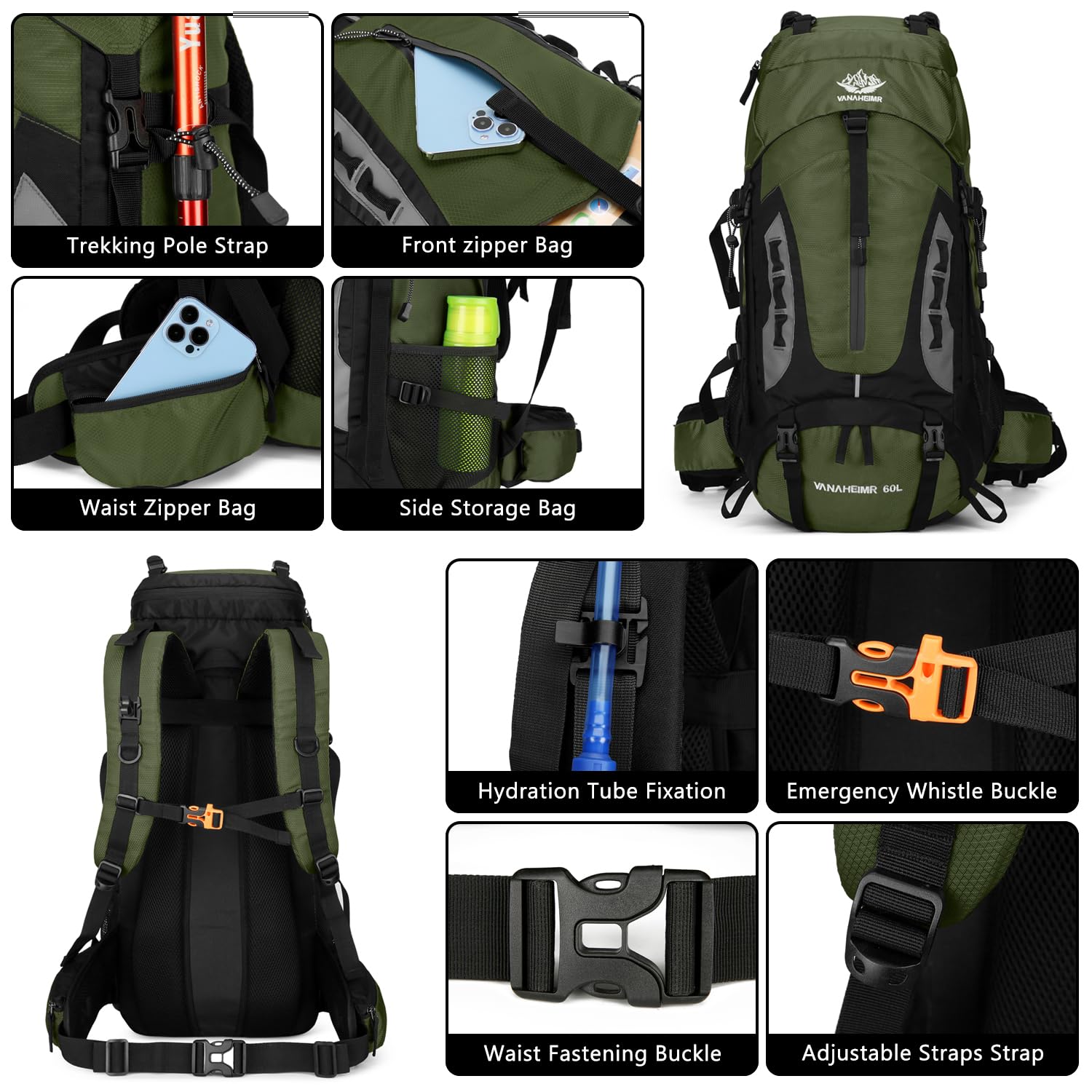 **Esup 60L Lightweight Hiking Backpack for Men - Waterproof Camping Backpack with Rain Cover, Durable Travel Backpack for Outdoor Adventures (Army Green) - Perfect for Trekking, Backpacking & Travel**