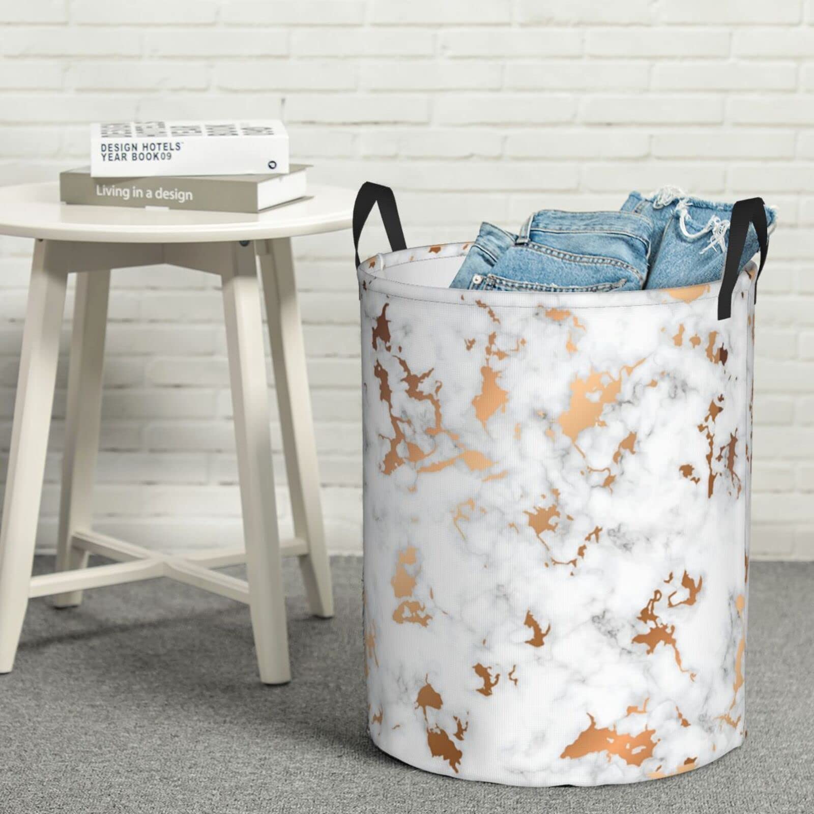 Collapsible Laundry Hamper with Handles - Foldable Clothes Basket for Bedroom, Bathroom & Dorm - White Marble Pattern Storage Bin for Dirty Clothes, Toys & Organizing - Easy Carry Laundry Bag for Home & Travel