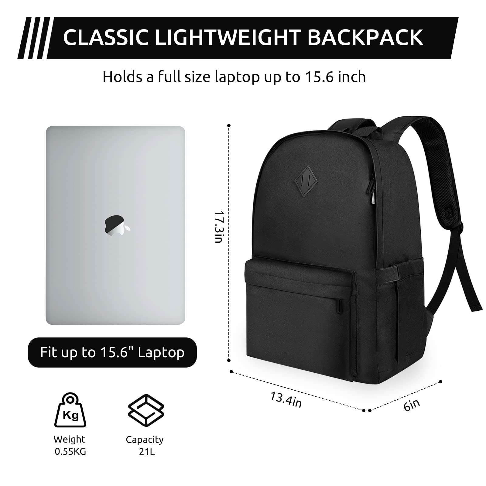 Lightweight Laptop College Backpack for Women & Men - Black Bookbag with Computer Compartment, Large Travel & Work Backpack for Students, Professionals, and Daily Commute