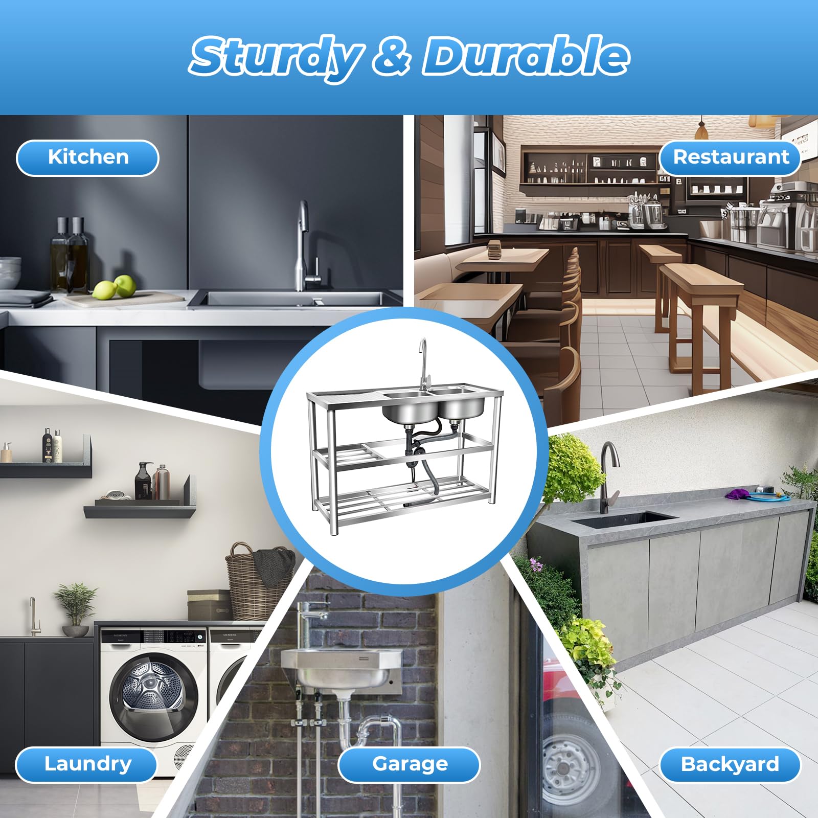 Stainless Steel Double Bowl Commercial Kitchen Sink Set with Faucet & Drainboard - 2 Compartment Utility Sink for Restaurant, Food Prep & Hand Washing - Includes Workbench & Storage Shelves for Organized Workspace