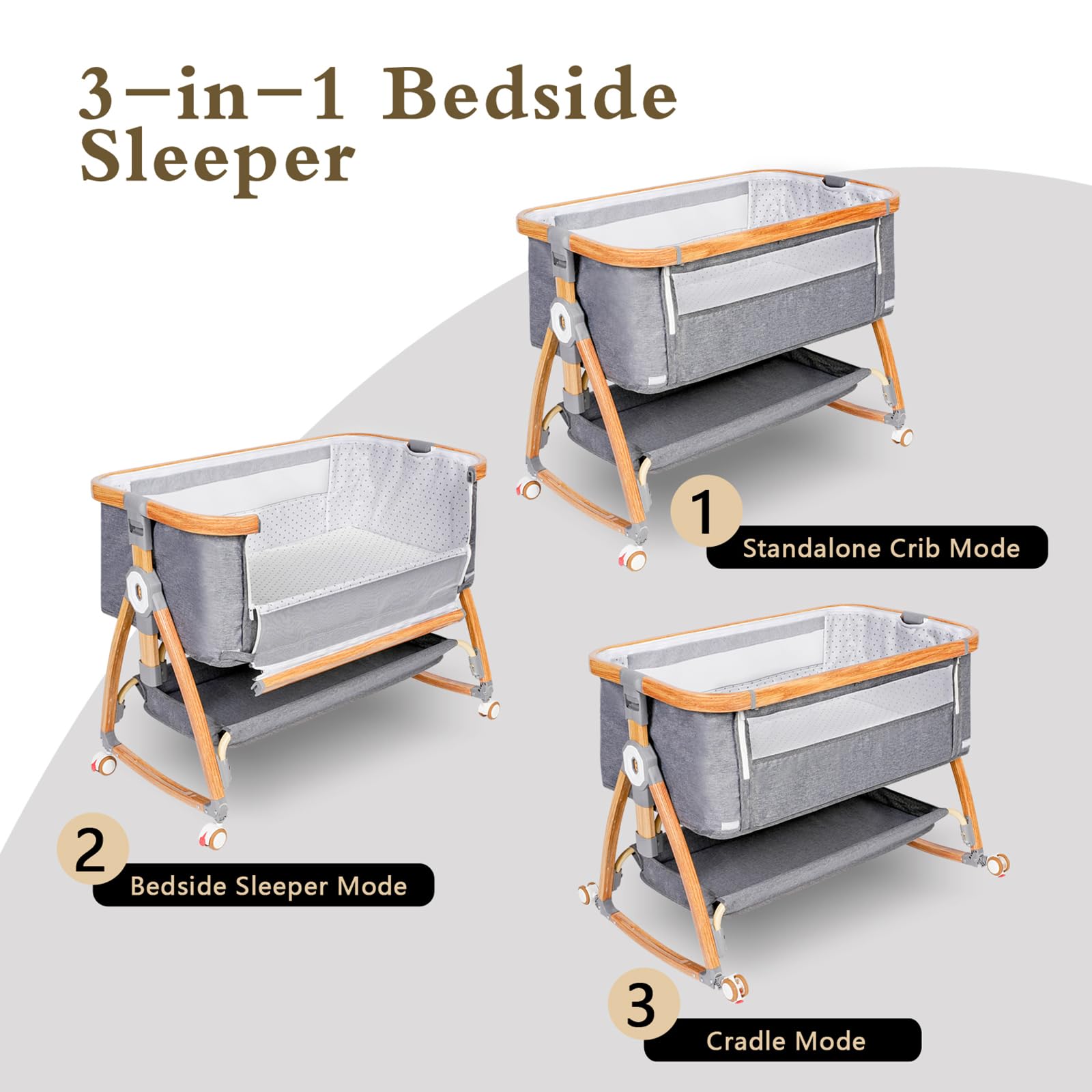 Adjustable Baby Bassinet Bedside Sleeper with Wheels & Mosquito Net - 6 Height Positions, 3-in-1 Portable Crib for Newborns, Infants & Toddlers (Light Grey) | Perfect for Nursery, Bedroom Co-Sleeping & Travel