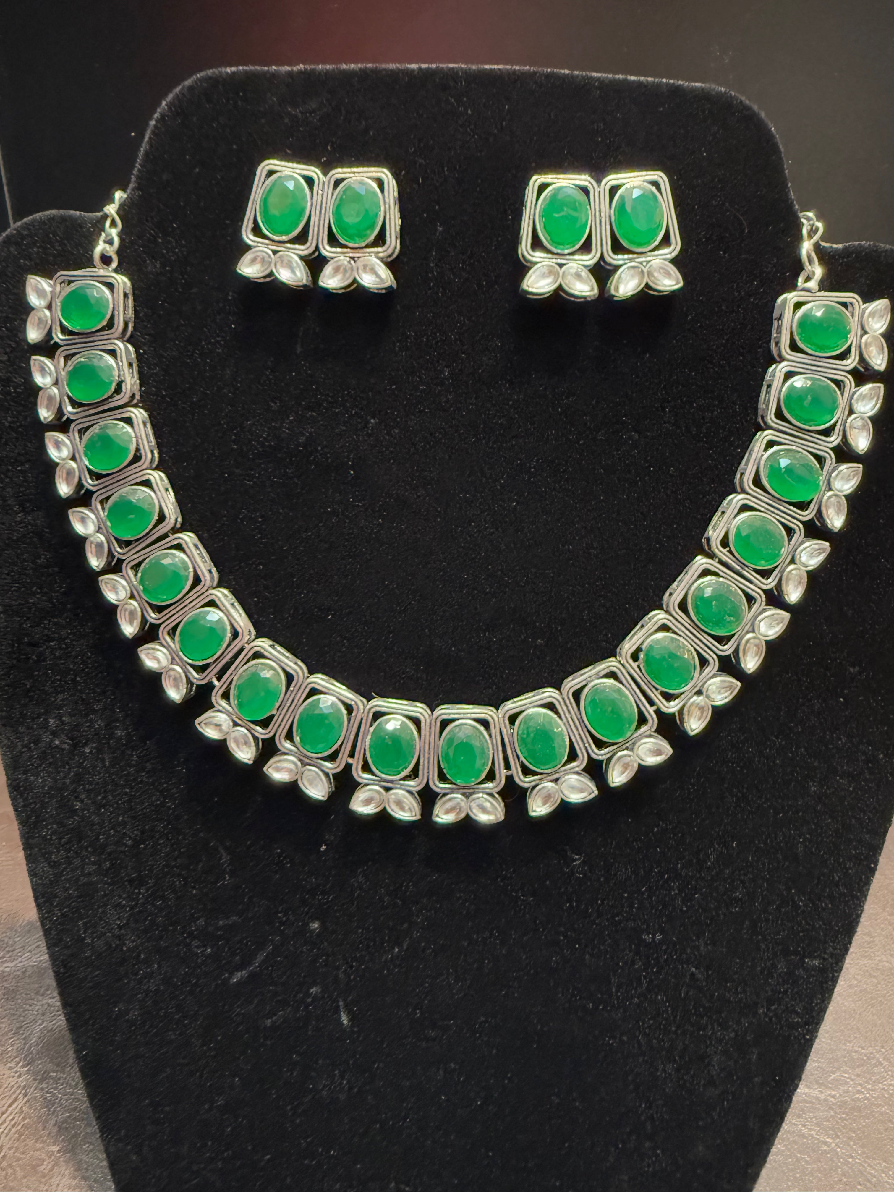 Elegant Green Oxidized Necklace and Earrings Set with Silver Stones | Perfect for Parties, Weddings & Special Occasions