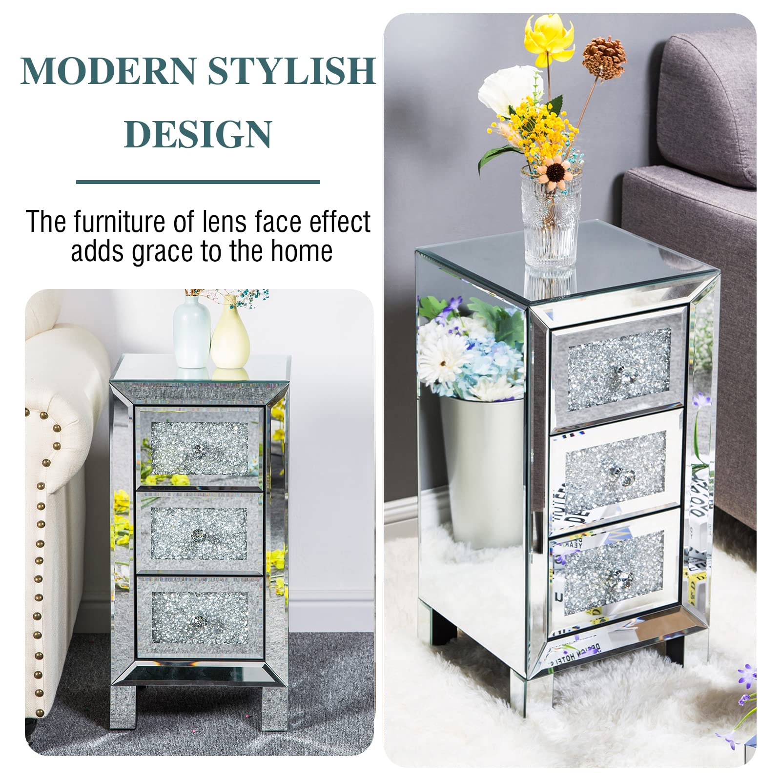 Modern Mirrored 3-Drawer Nightstand with Crystal Knobs - Silver Finish Bedside Table for Bedroom & Living Room Storage