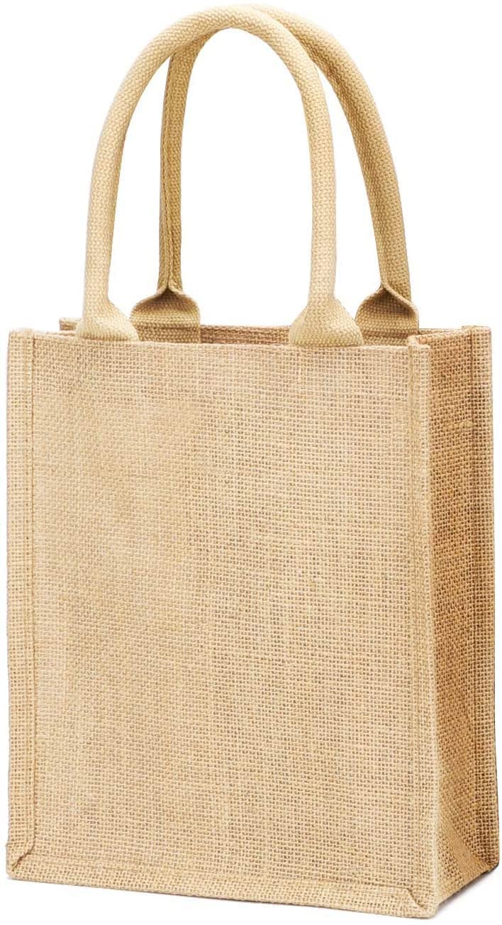Eco-Friendly Small Jute Burlap Tote Bags - Reusable Natural Cotton Shopping Totes with Full Gusset (Set of 6) - Perfect for Books, Groceries, Gifts & Farmers Market Use