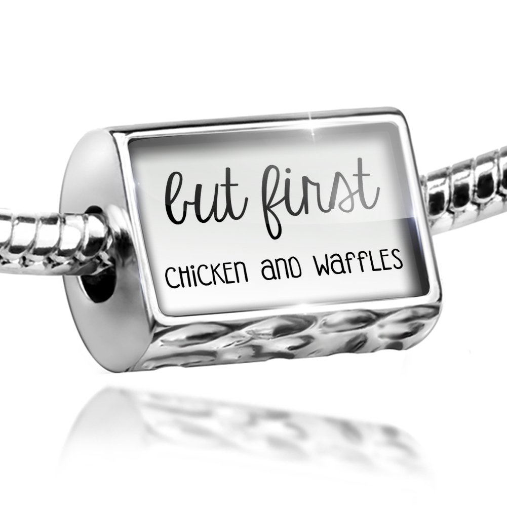 Funny Bead Charm - 'But First Chicken and Waffles' Saying - Fits All European Bracelets - Perfect for Friendship Jewelry & Gift Giving