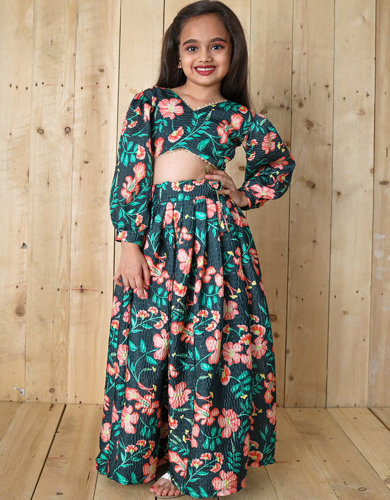 Stylish All-Season Kids Lehenga Choli Set - Green Digital Print with Sequins & Crochet Details for Festivals, Weddings & Special Occasions