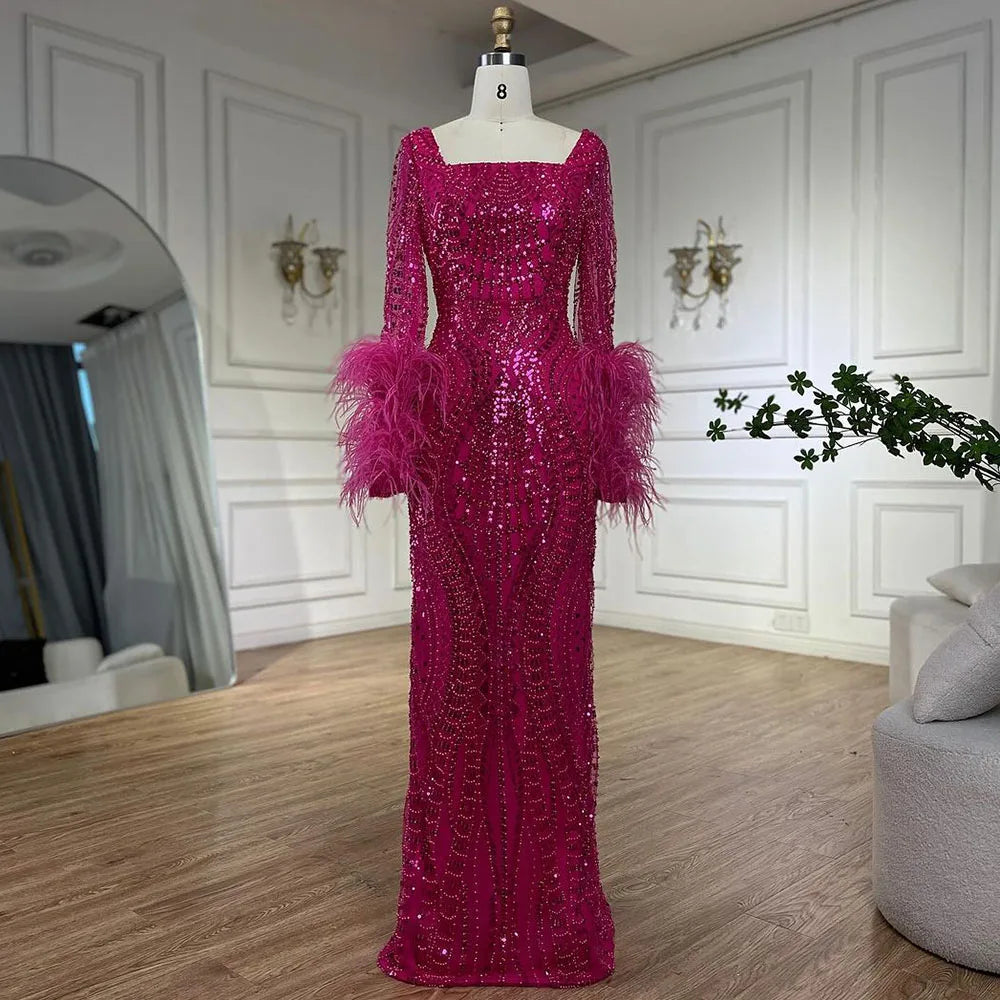 Elegant Fuchsia Dubai Evening Gowns with Long Sleeves - LA72565 for Formal Events, Galas & Special Occasions