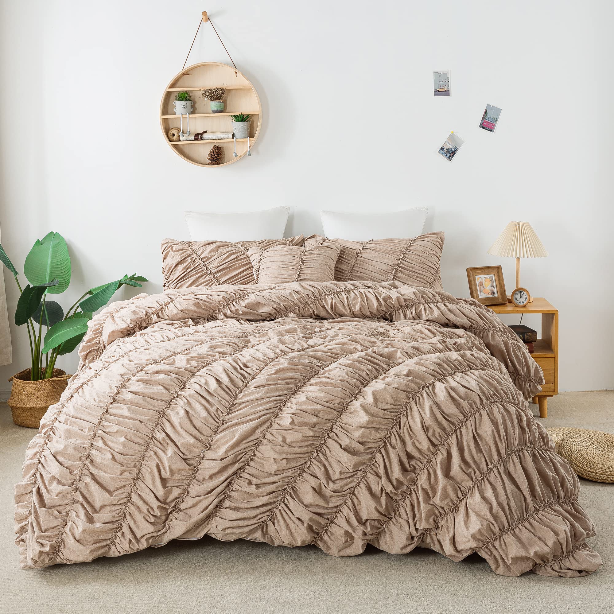 Softta Vintage Queen Size Light Brown Bedding Set - 3 Piece Duvet Cover with Boho Pinch Pleat Design, 100% Washed Cotton Patchwork Comforter Cover with Zipper Closure | Cozy Bedroom Decor for Bohemian & Farmhouse Style Homes