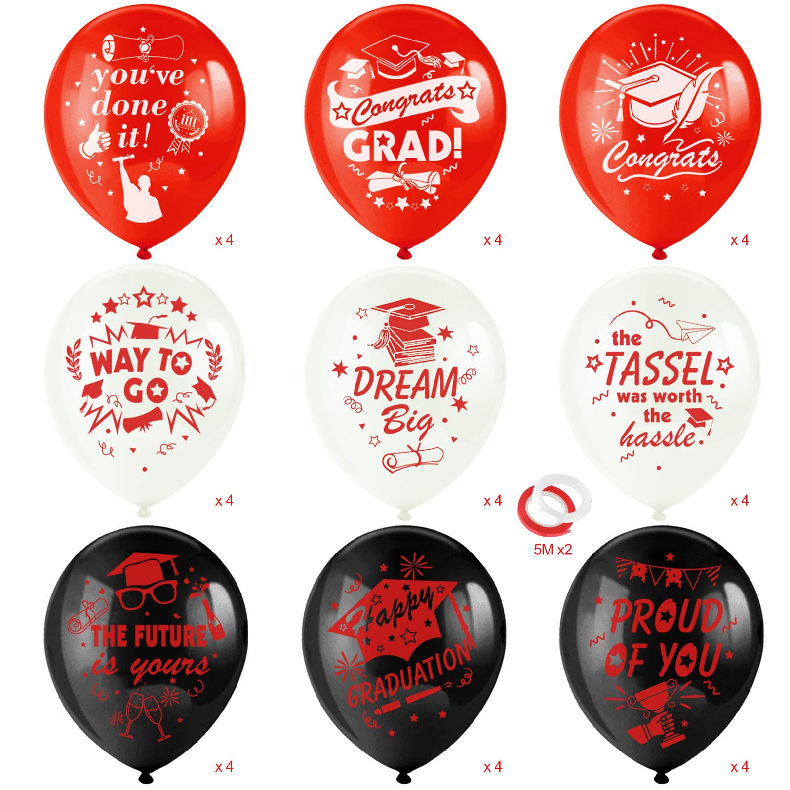 38-Piece Graduation Party Balloon Kit - 12 Inch Class of 2023 Latex Balloons with 2 Ribbon Rolls (Red, White, Black) - Proud of You & Congrats Printed Balloons for Classroom Decorations - 9 Unique Designs - Perfect for Graduation Parties, School Events & Celebration Decor