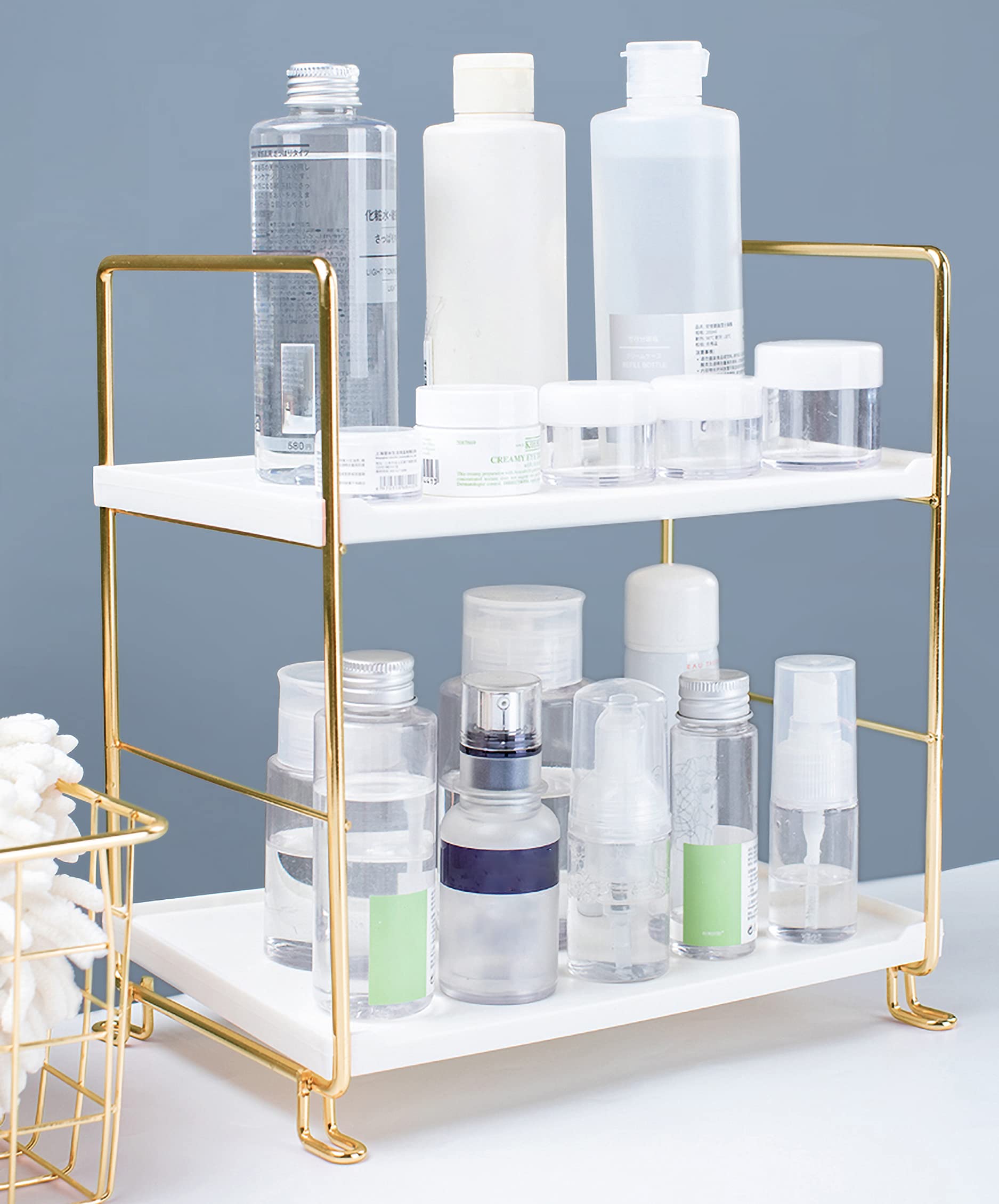 2-Tier Makeup Organizer Shelf - Gold Vanity Tray for Bathroom Countertop, Bedroom & Kitchen Spice Storage | Perfect for Cosmetics, Jewelry & Small Essentials Organization