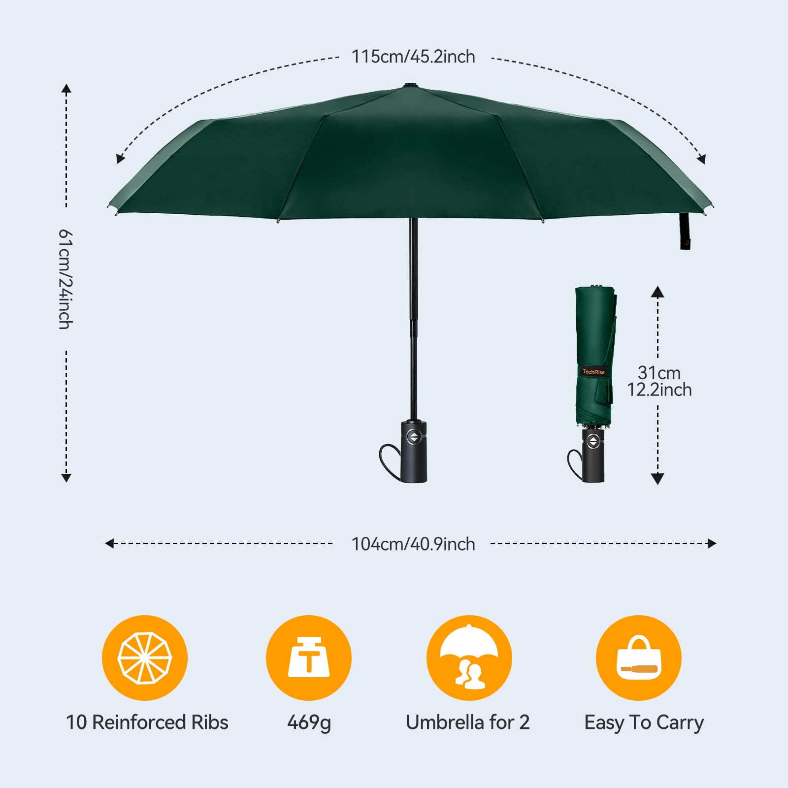 TechRise Windproof Travel Umbrella - Automatic Compact Folding Umbrella with 10 Strong Fiberglass Ribs | One-Touch Auto Open/Close | Lightweight & Portable for Backpack, Commuting, and Outdoor Adventures