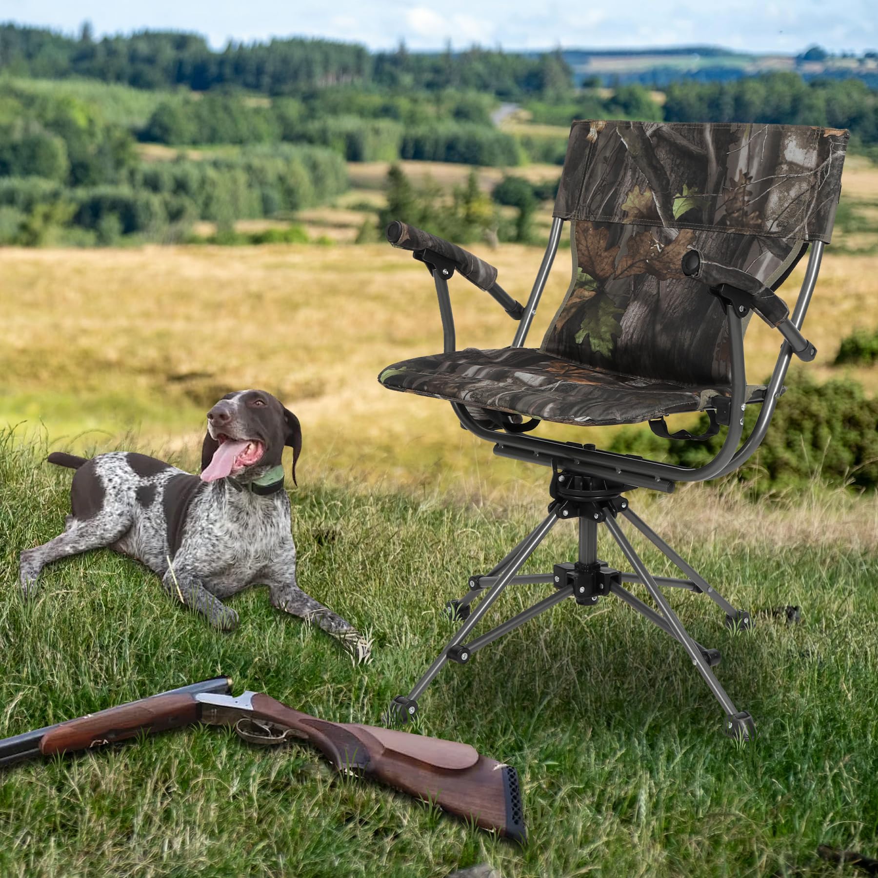 REDCAMP 360° Swivel Hunting Chair for Ground Blinds - Portable Folding Camouflage Camping Chair with Hard Arms for Adults - Perfect for Hunting, Fishing, and Outdoor Adventures