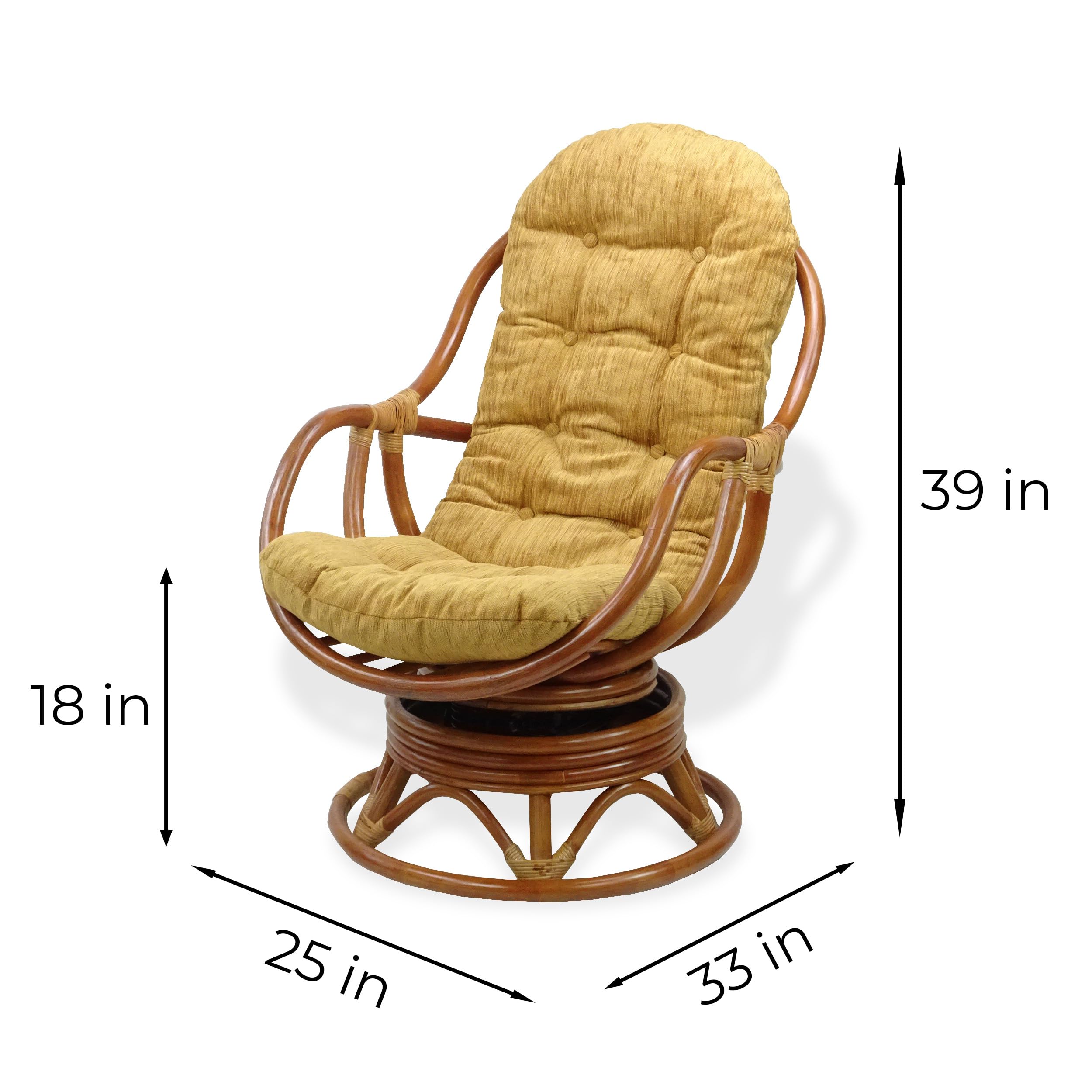 Handmade Natural Rattan Wicker Swivel Rocking Chair with Light Brown Cushion - Bali Lounge Colonial Style for Patio, Porch & Living Room Relaxation