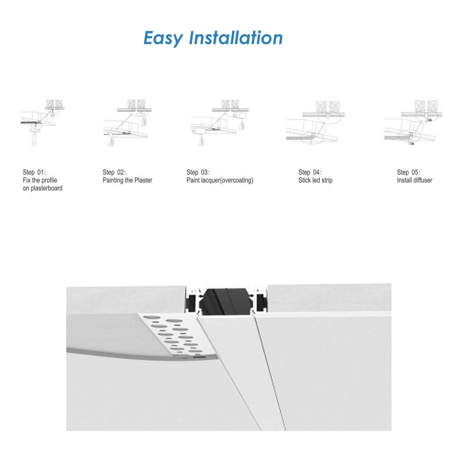 Besseto 6 Pack 6.6FT/2M Plaster-in LED Aluminum Channel - Trimless Recessed Drywall LED Light Strip Diffuser for Wall & Ceiling with Milky Cover - Perfect for Home, Office, and Commercial Lighting