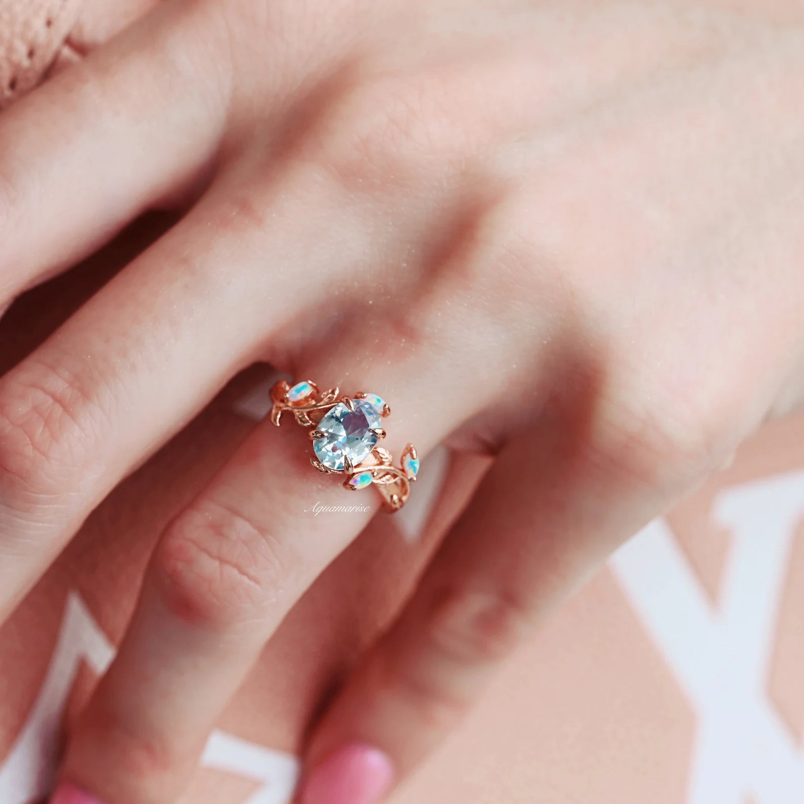 Aquamarine and Fire Opal Leaf Couples Ring - Sterling Silver Matching Wedding Bands for Him & Her - Perfect for Anniversaries, Engagements, and Romantic Gifts