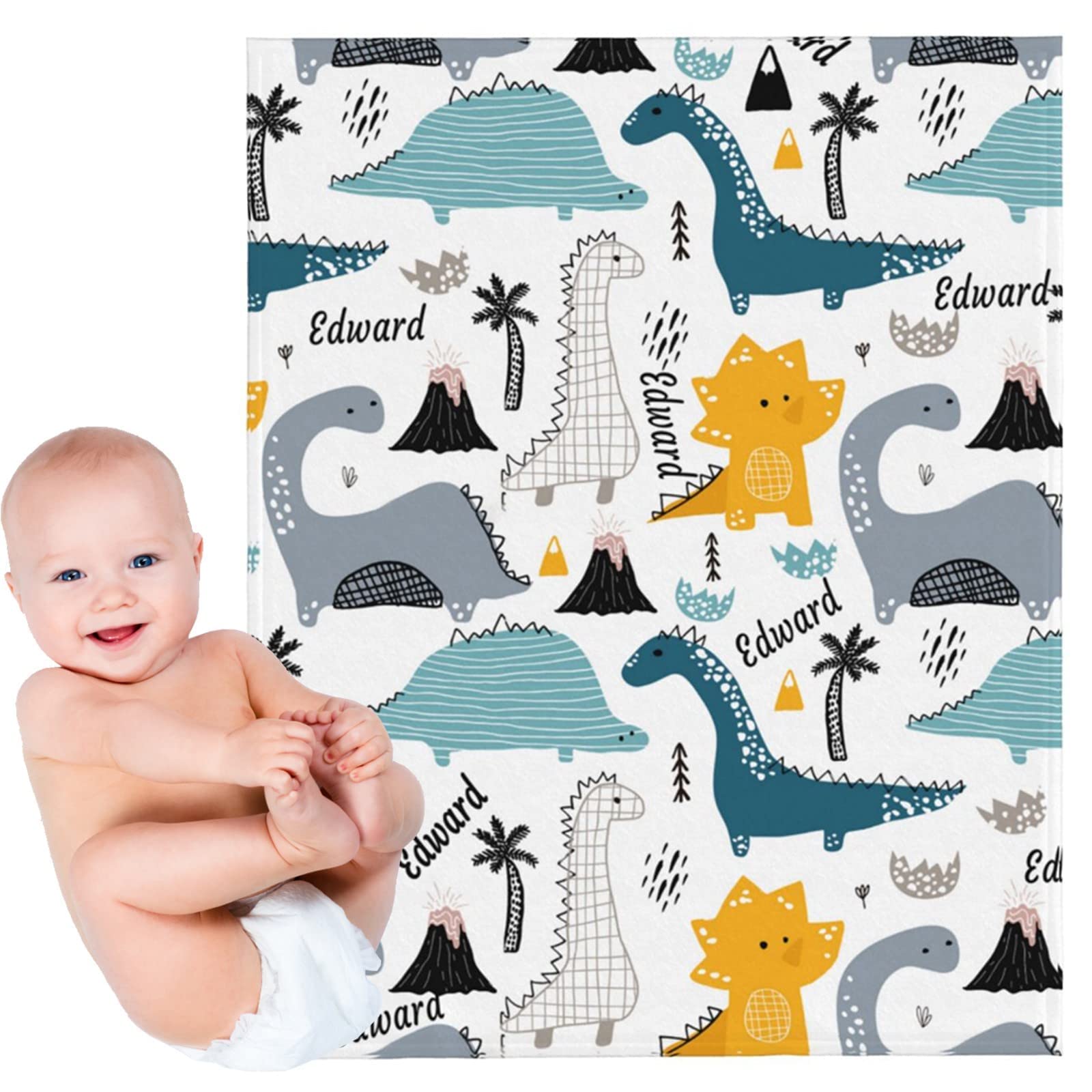 Personalized Baby Blankets with Name - Soft Monogrammed Swaddle Blankets for Newborn Boys & Girls - Custom Dinosaur Design Baby Shower Gift - Perfect for Nursery, Photo Shoots & Travel