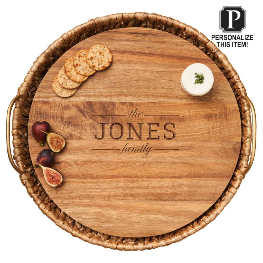 Handwoven Water Hyacinth Round Tray with Sturdy Metal Handles & Acacia Wood Liner - Customizable 17.5