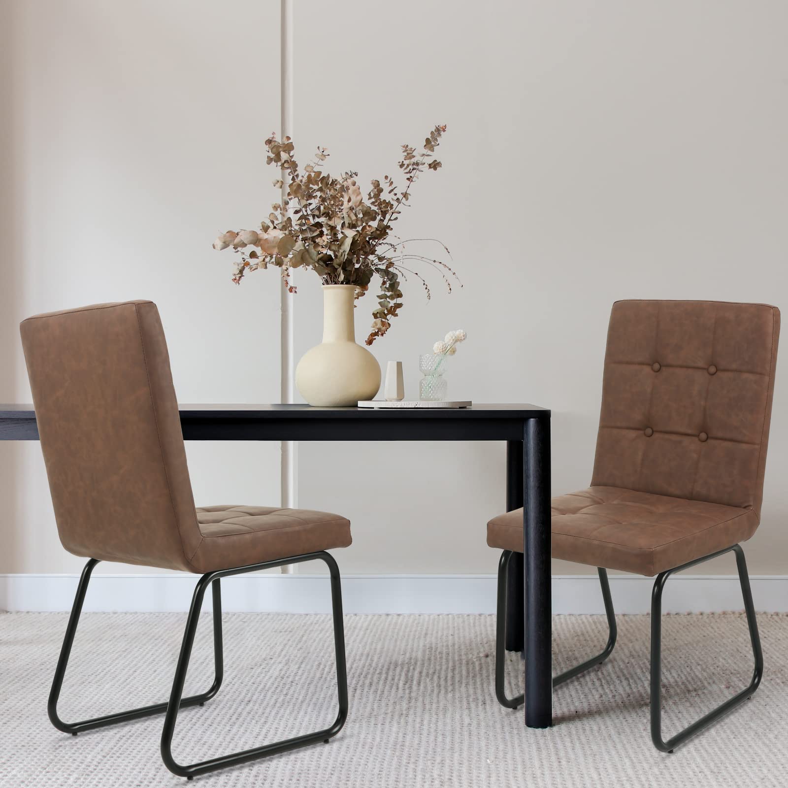 2 Pack Armless Dining Chairs - Faux Leather Mid Century Modern Kitchen Chairs Set - Retro Brown Space Saving Chairs for Dining Room, Kitchen & Restaurant - Easy Assembly Home & Office Seating Solution