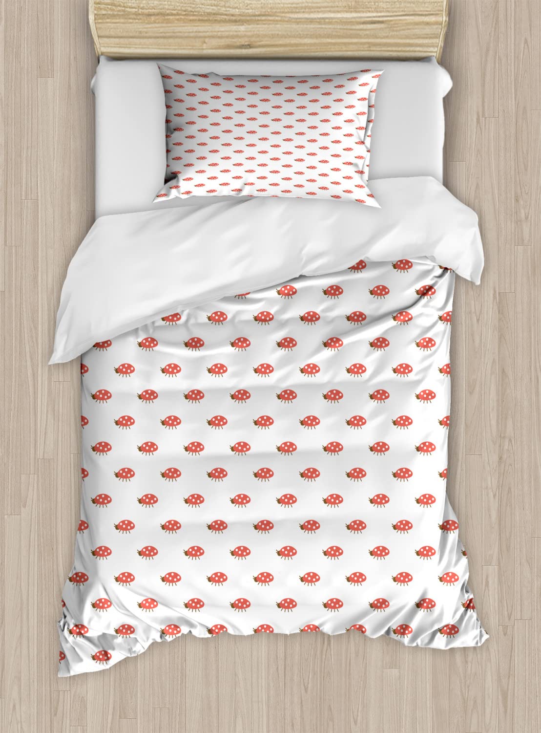 Ambesonne Ladybug Duvet Cover Set - Twin Size 2-Piece Bedding Set with 2 Duvet Covers & 2 Pillowcases, Cute Little Animals Pattern for Spring Decor, Dark Coral Chocolate - Perfect for Kids Room, Guest Bedroom & Dormitory Decor