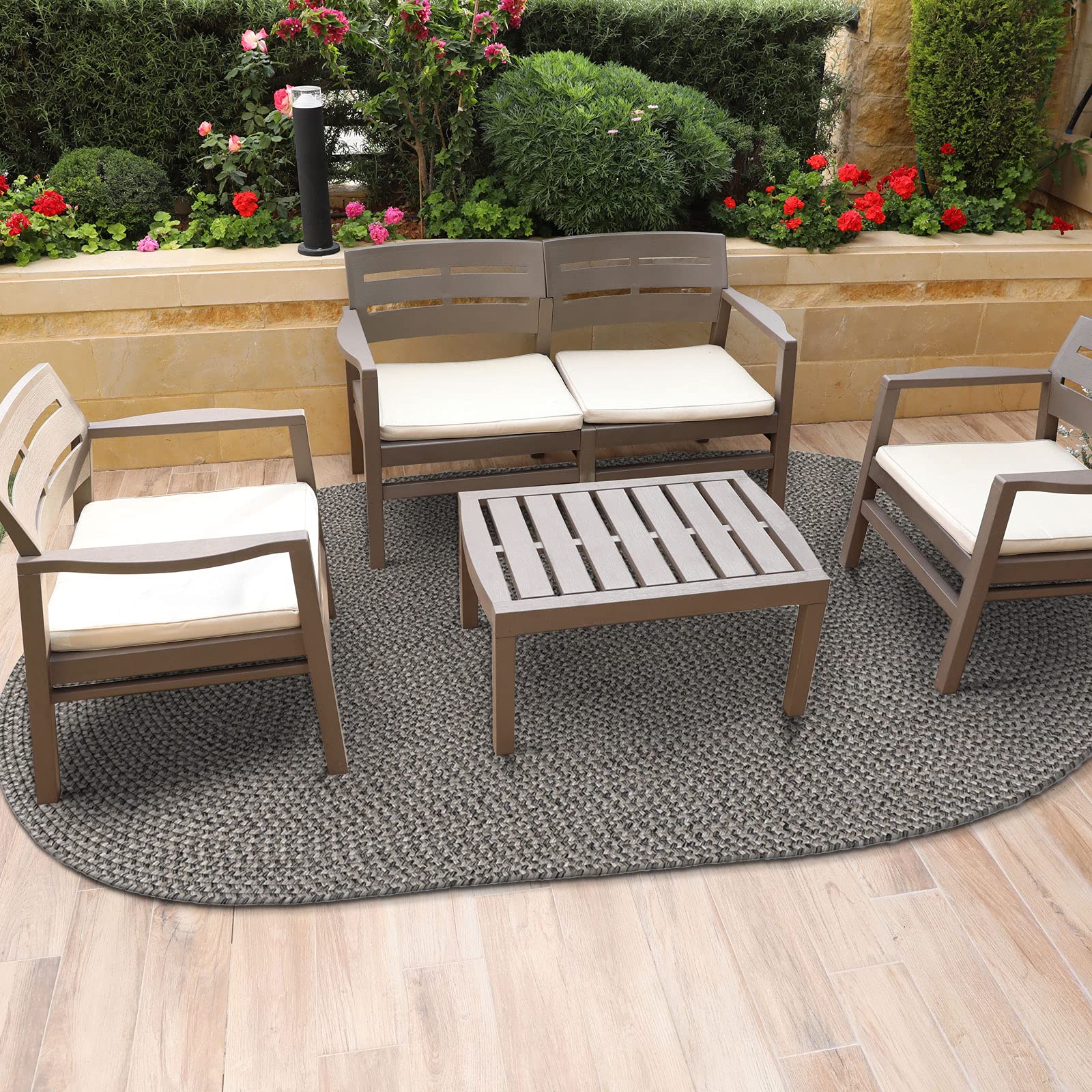 DECOMALL 5'x8' Oval Braided Indoor Outdoor Rug - Soft & Durable Grey Area Rug for Patio, Living Room, Bedroom - Water Resistant & Easy to Clean