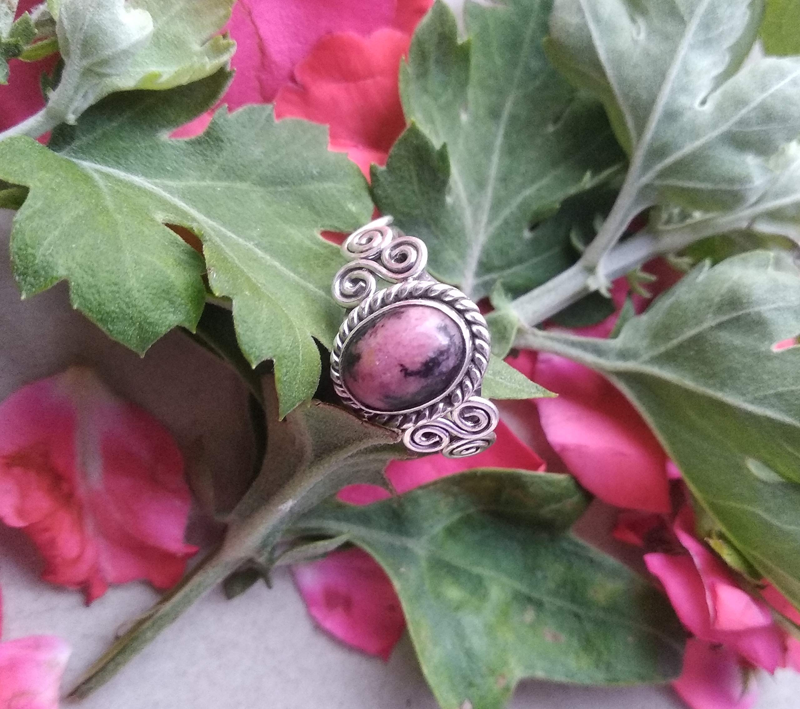 Rhodonite Ring for Women - 925 Sterling Silver Promise Ring, Boho Jewelry, Cabochon Statement Ring | Handmade Anniversary Gift, Unique Stackable Jewelry for Her | Perfect for Date Nights, Weddings & Special Occasions