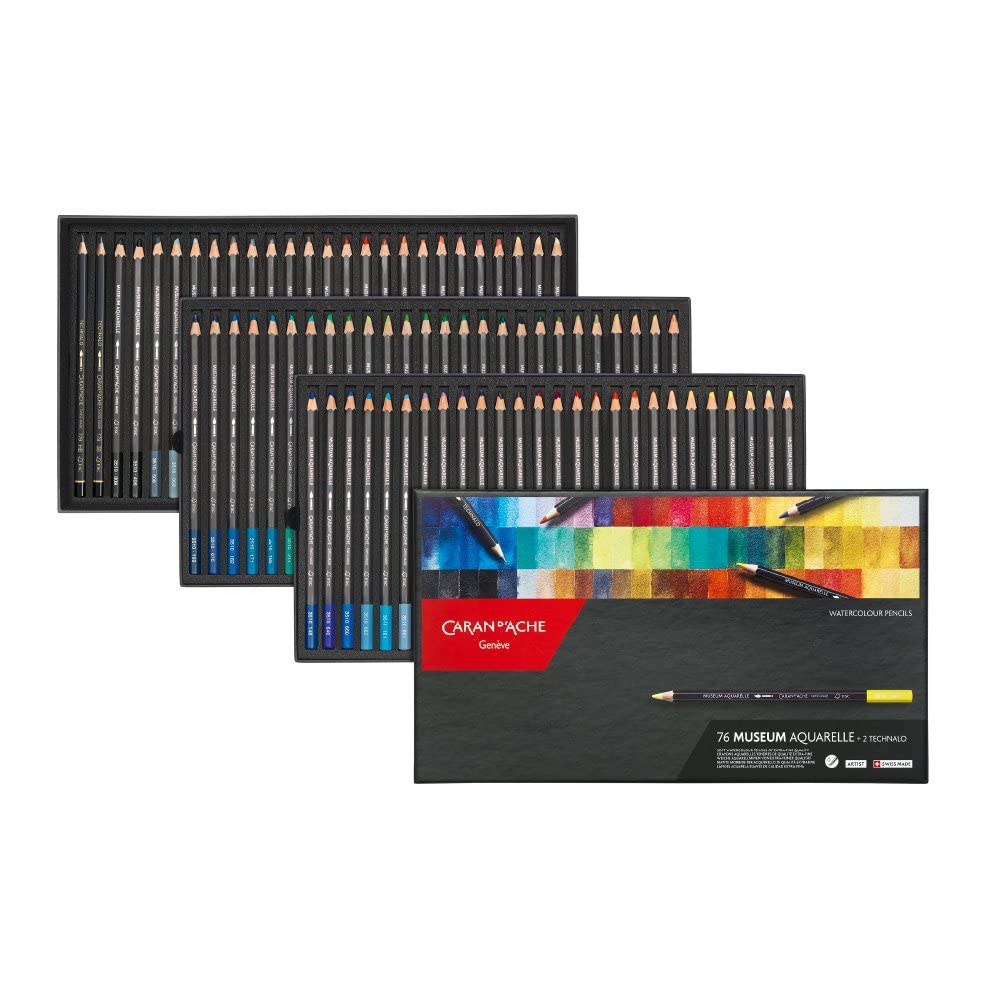 Caran d'Ache Museum Watercolor Pencils Set of 76 - Professional Artist Grade Colored Pencils for Drawing, Sketching & Watercolor Painting - Perfect for Artists, Illustrators & Adult Coloring Books